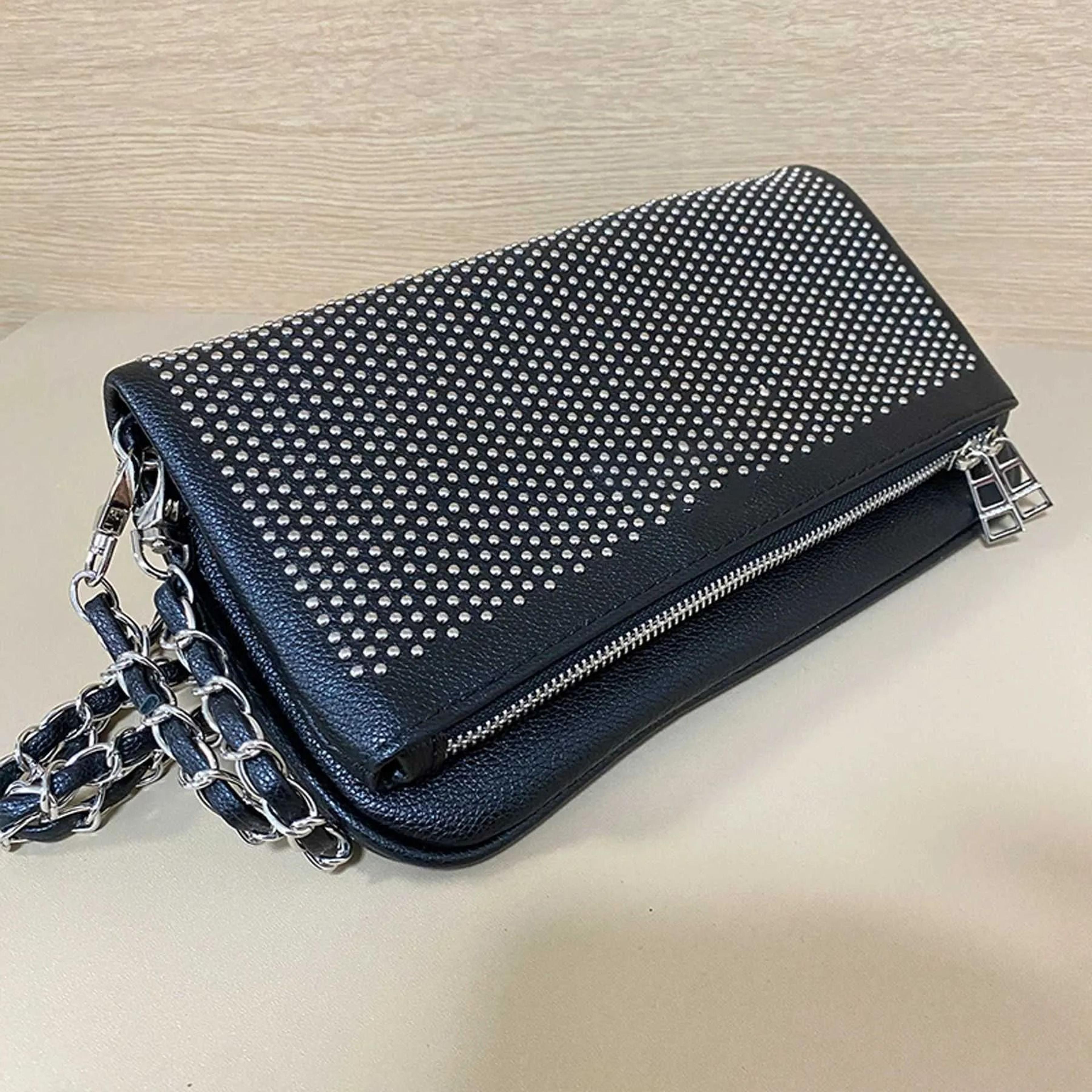 studded black crossbody bag chain strap rivet shoulder purse for women