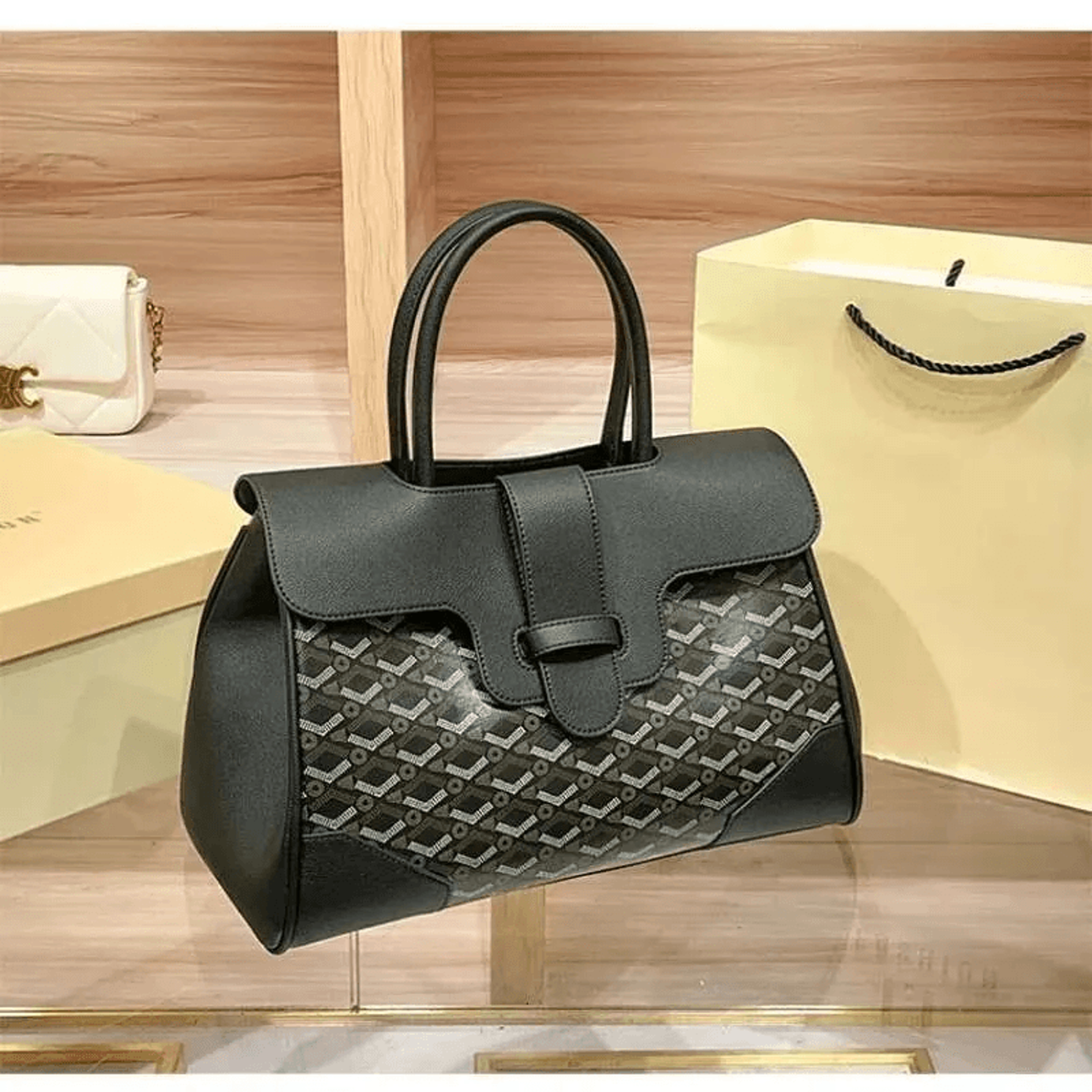 genuine leather bucket tote bag with sequin letter detail and zipper closure