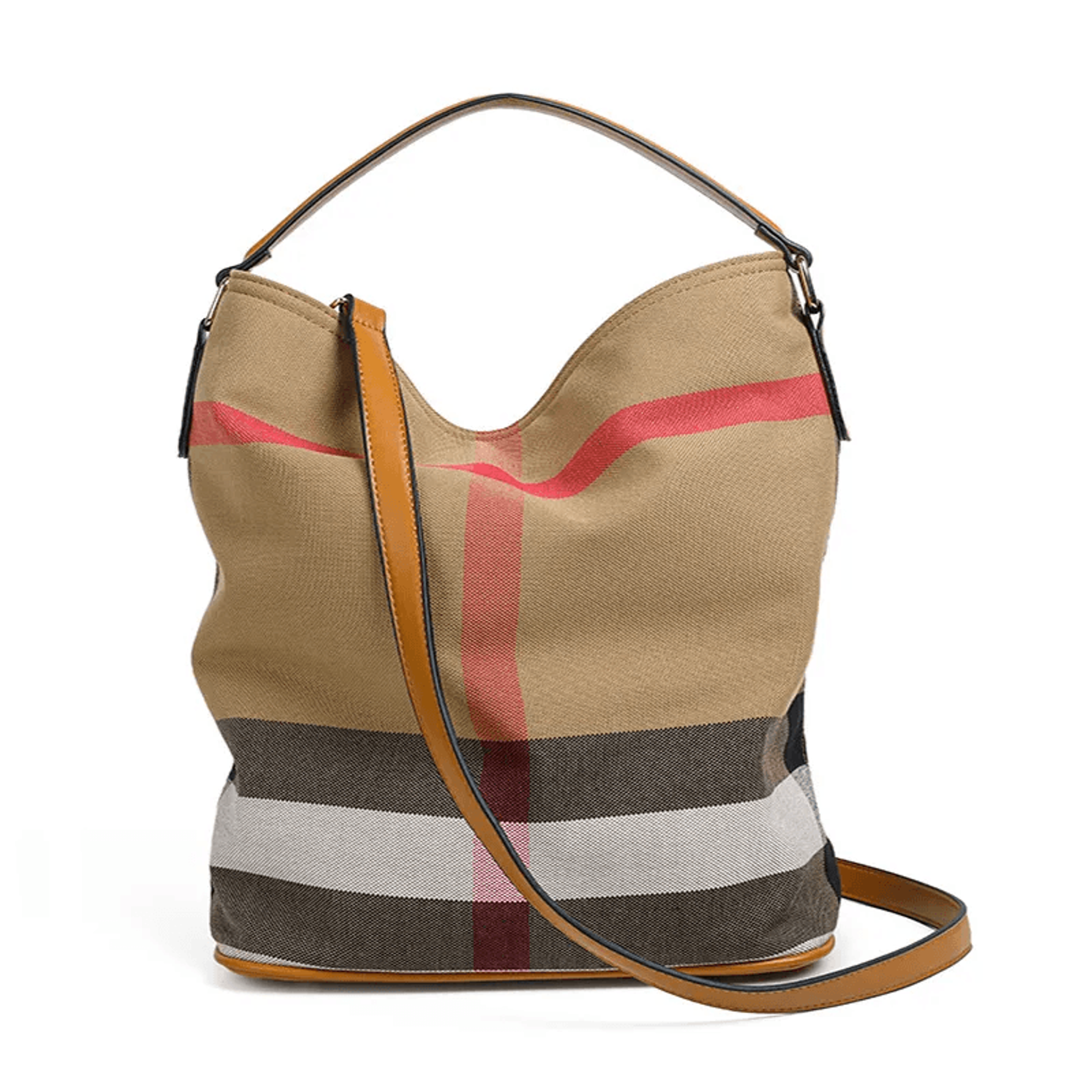 plaid canvas shoulder bag with zipper closure and interior pocket
