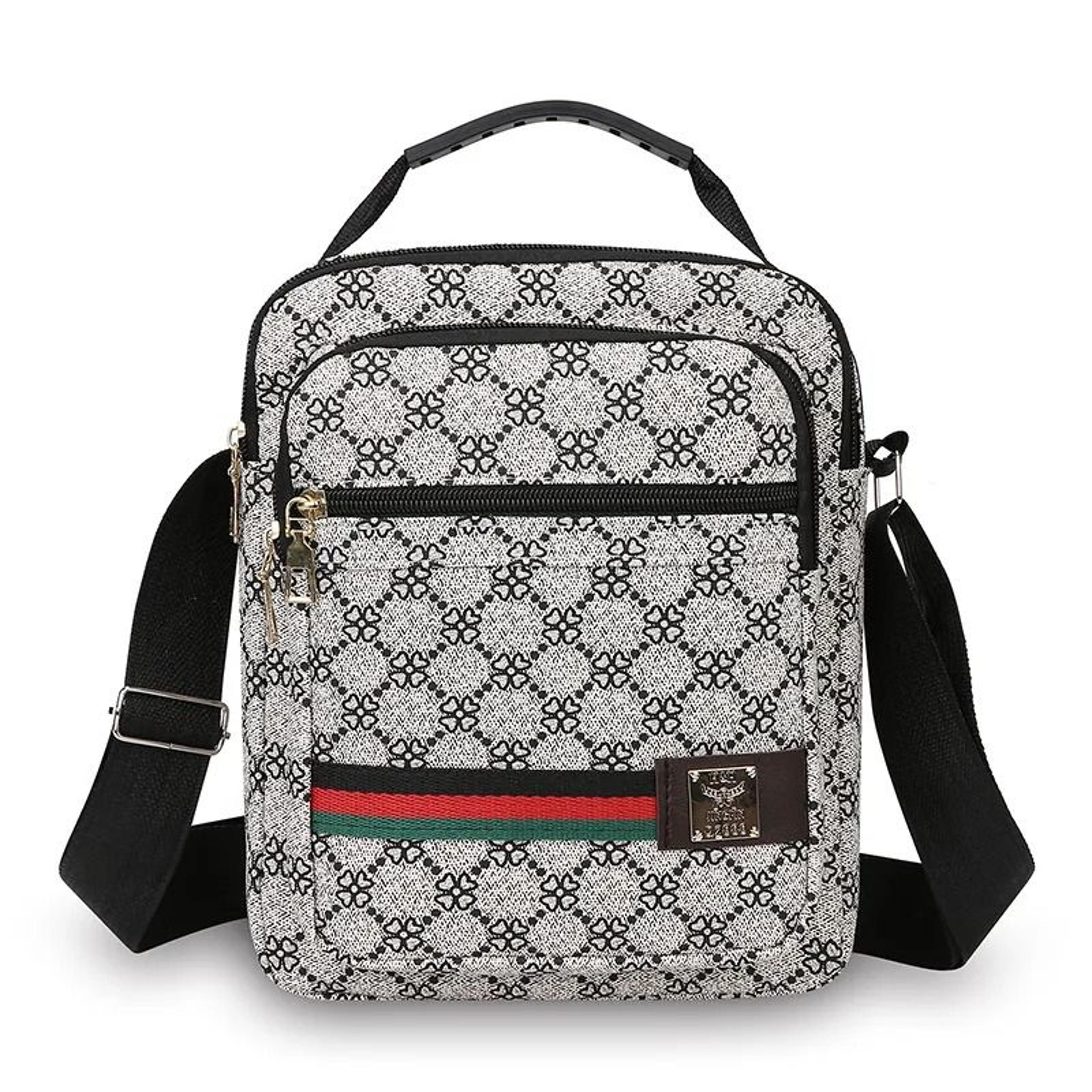 pu crossbody bag with red green stripe and multi-layer cell phone pocket