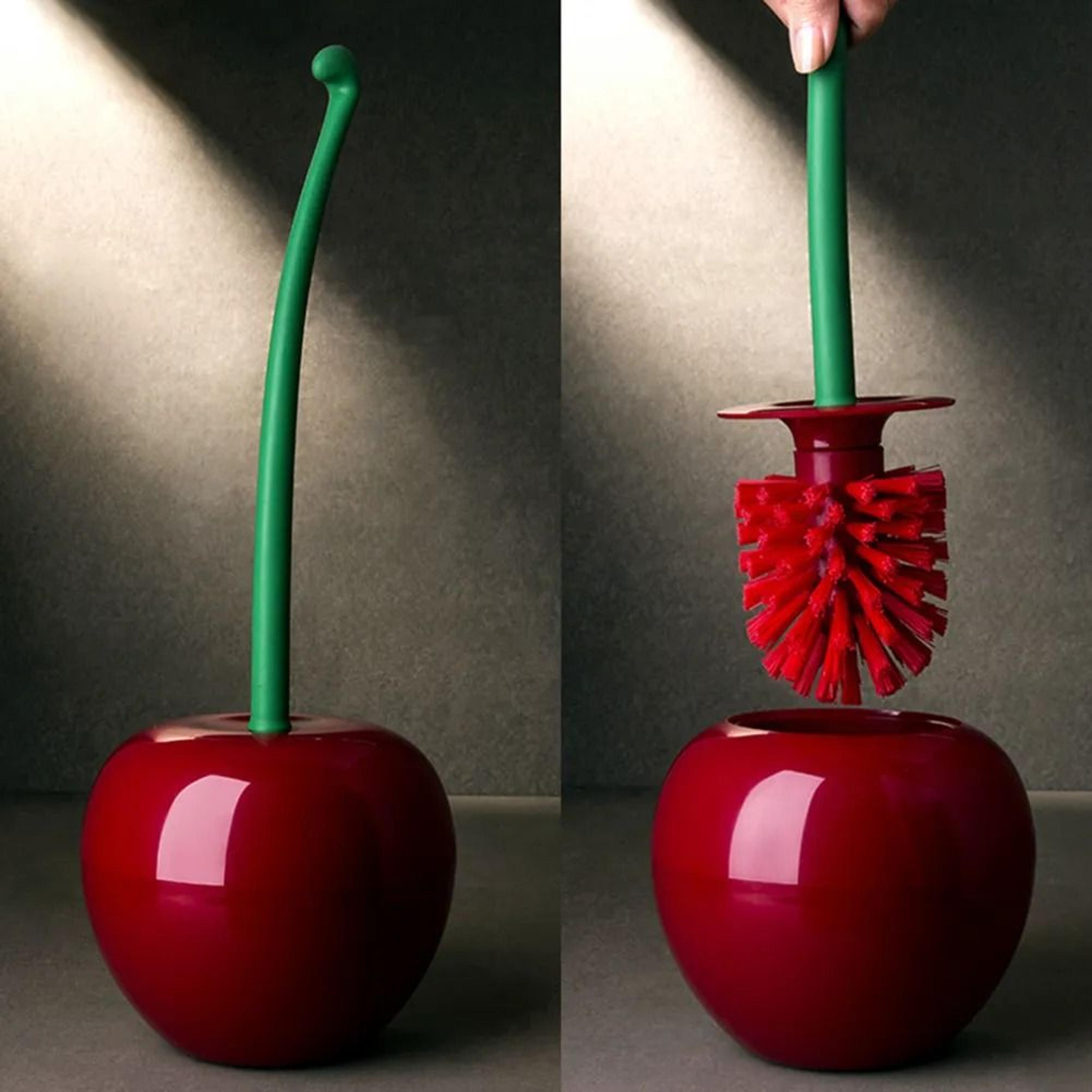 cherry shaped toilet brush with holder base and ergonomic handle