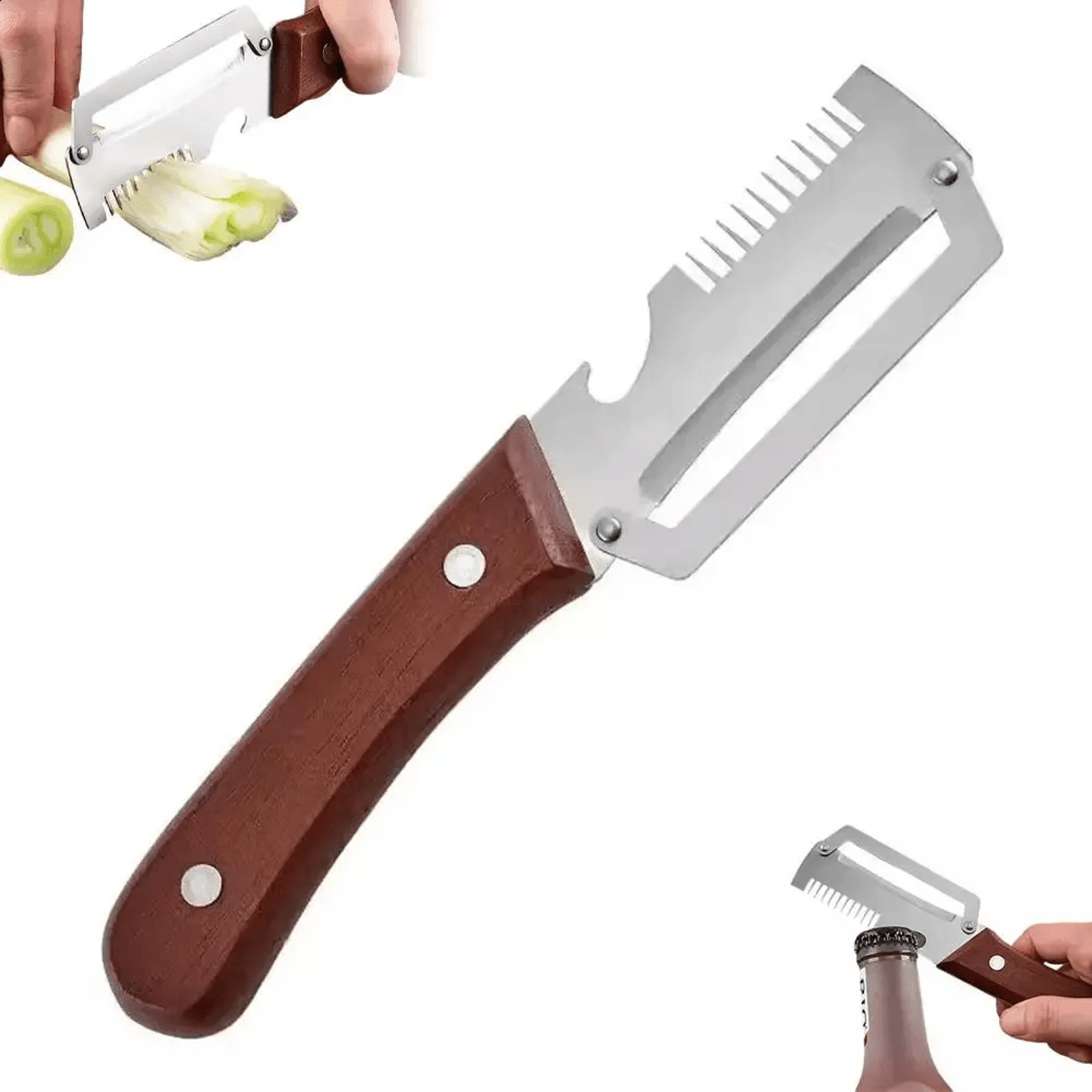 serrated vegetable peeling knife with wooden handle and bottle opener