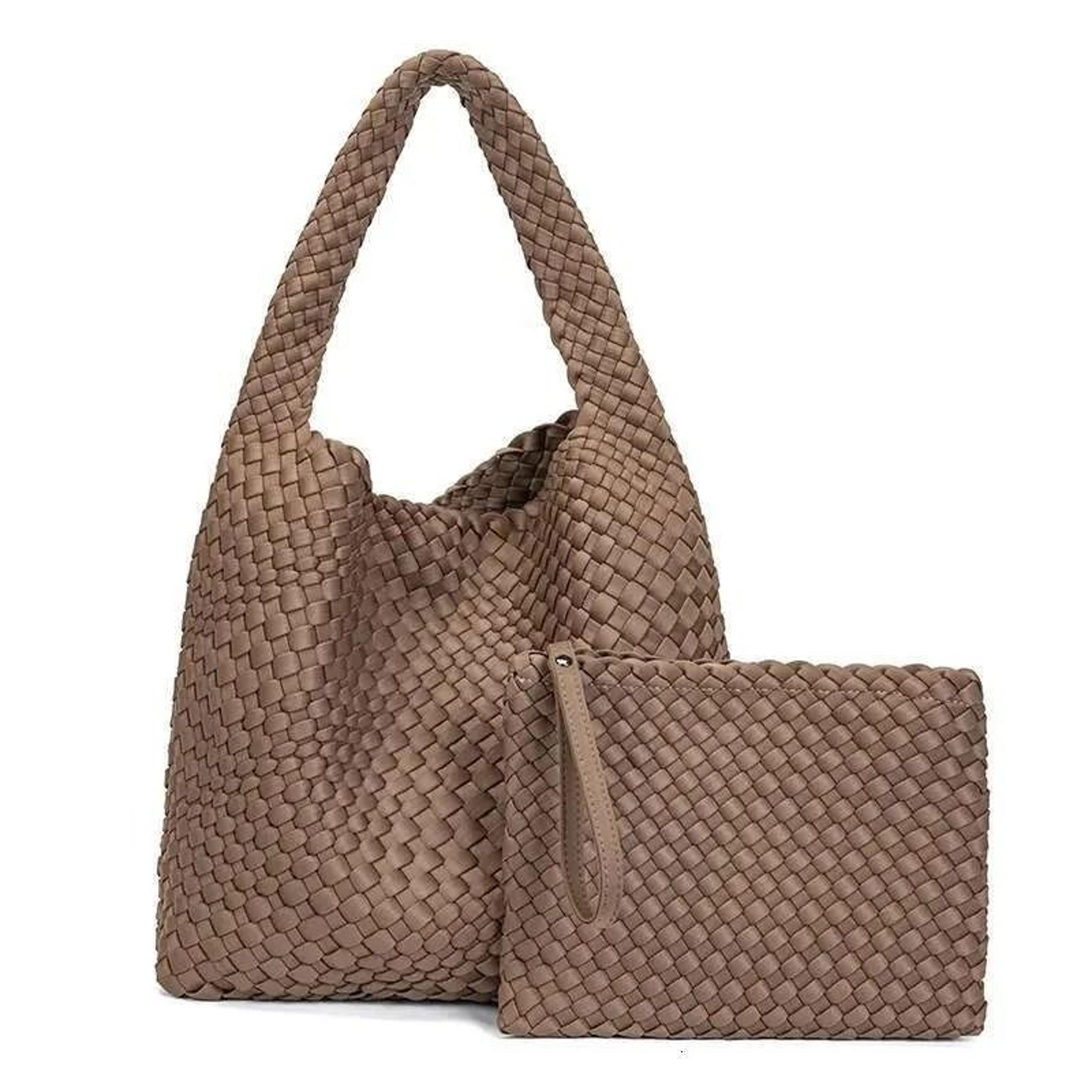 neoprene and leather handwoven shoulder bag with large capacity basket design