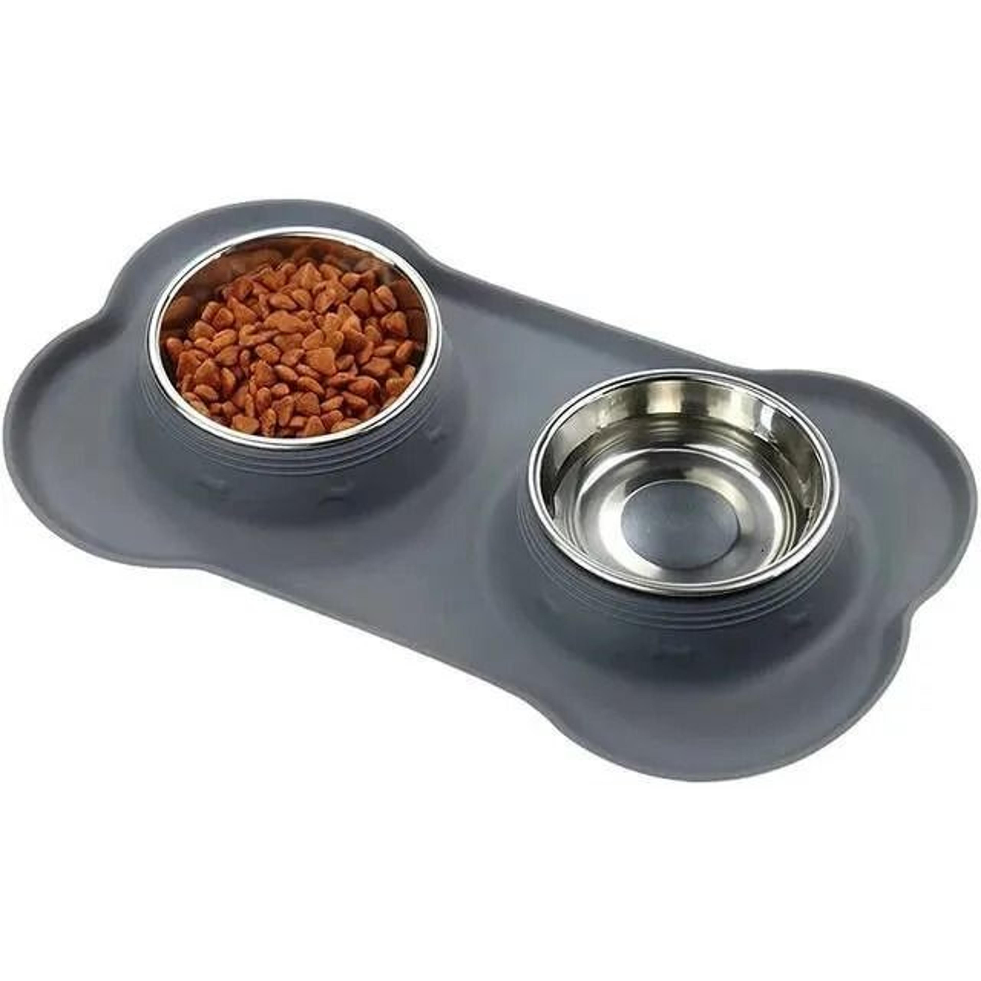 double stainless steel dog bowls with non-slip silicone feeding mat