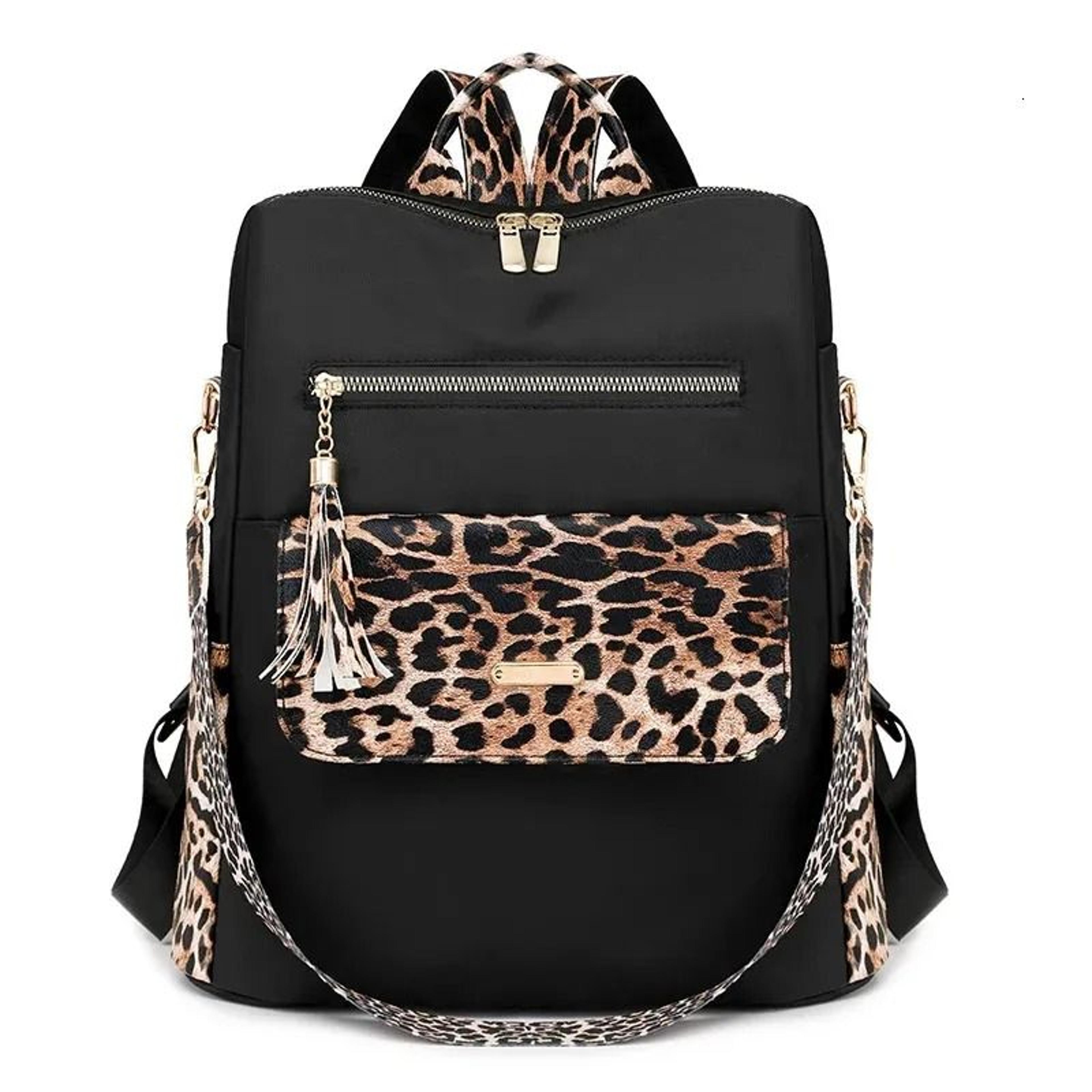 leopard print backpack for women lightweight nylon tassel travel bag
