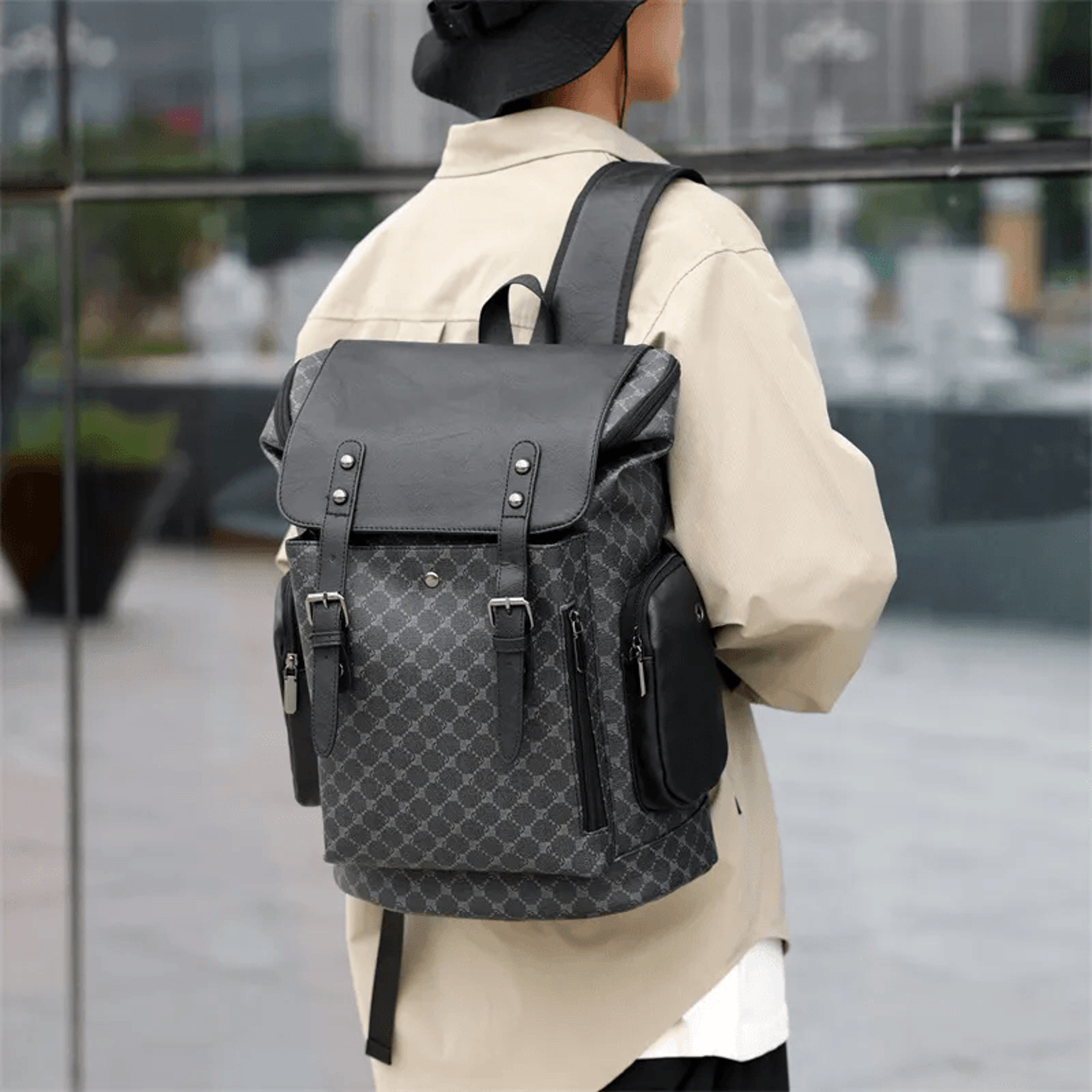 mens business travel laptop backpack with water-resistant textured polyester