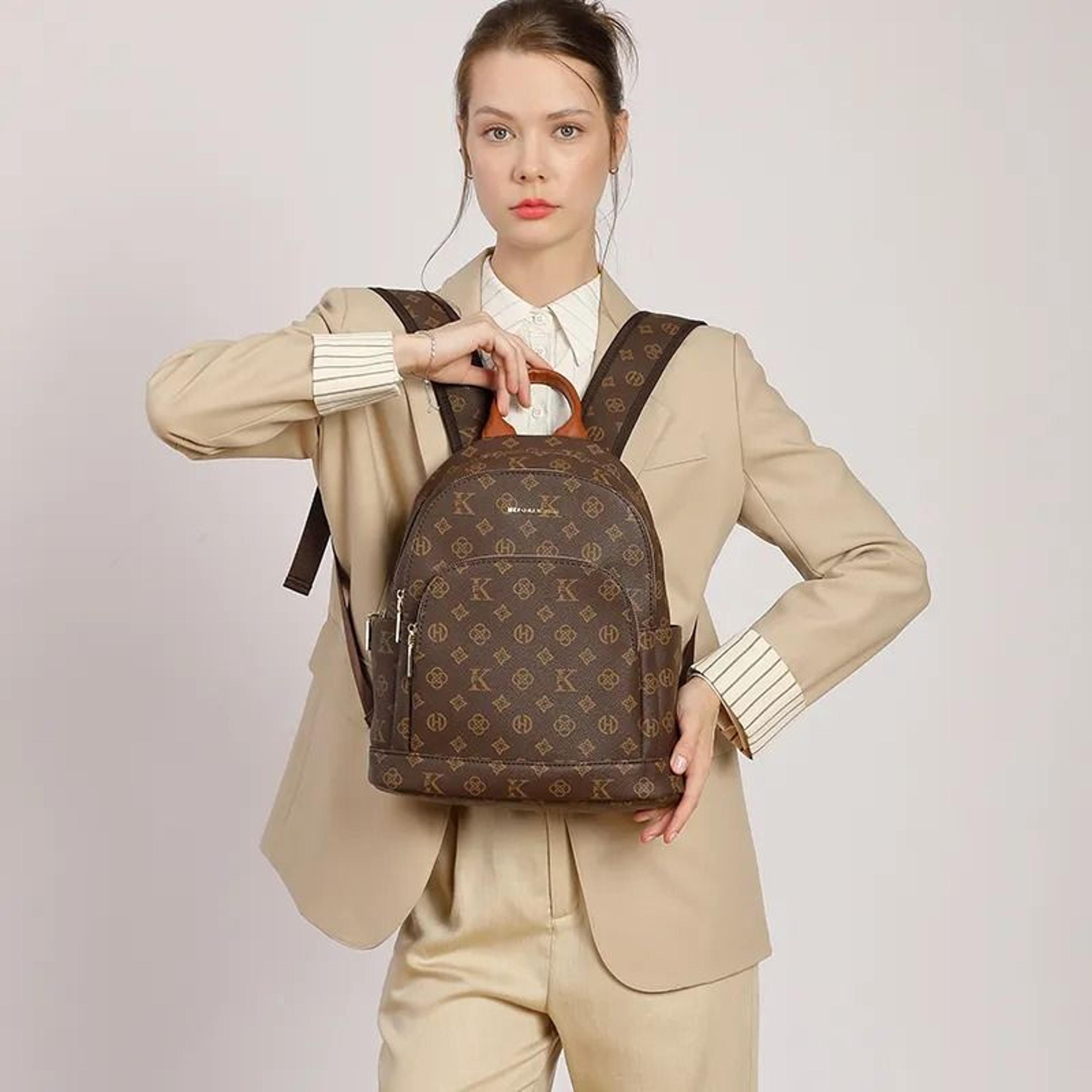 vintage synthetic leather women's backpack with large capacity and multiple compartments