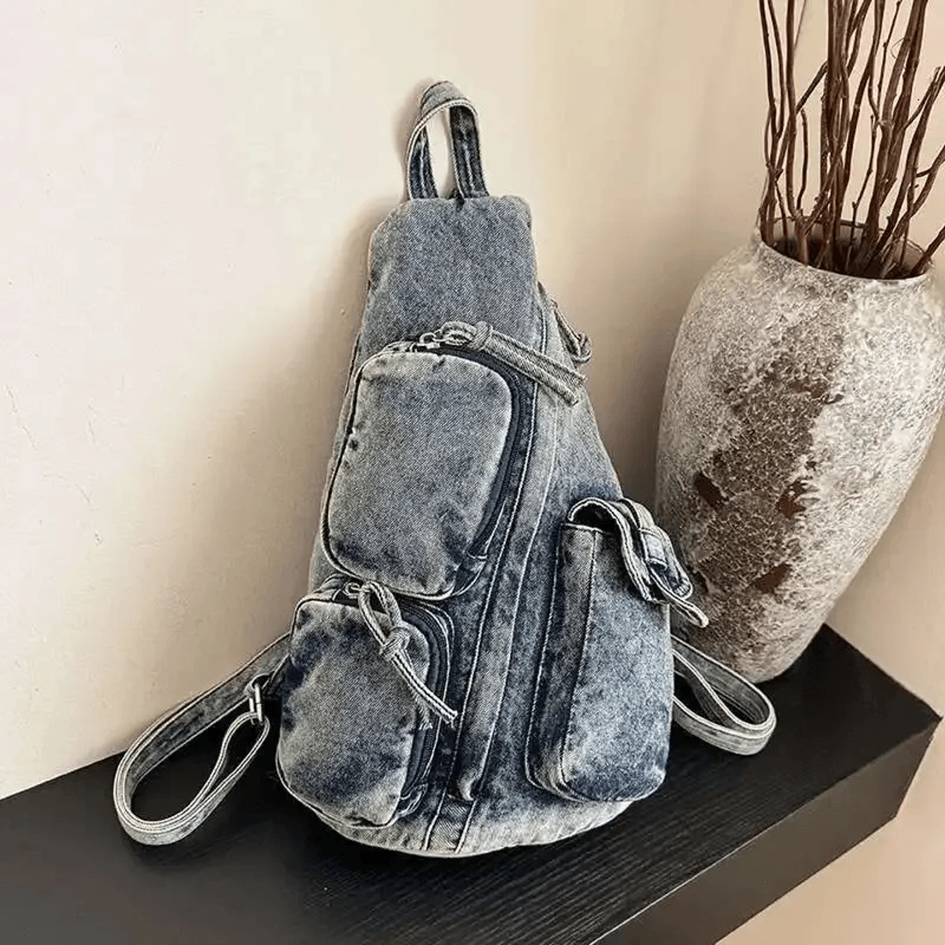 vintage denim multi pocket backpack crossbody bag for women