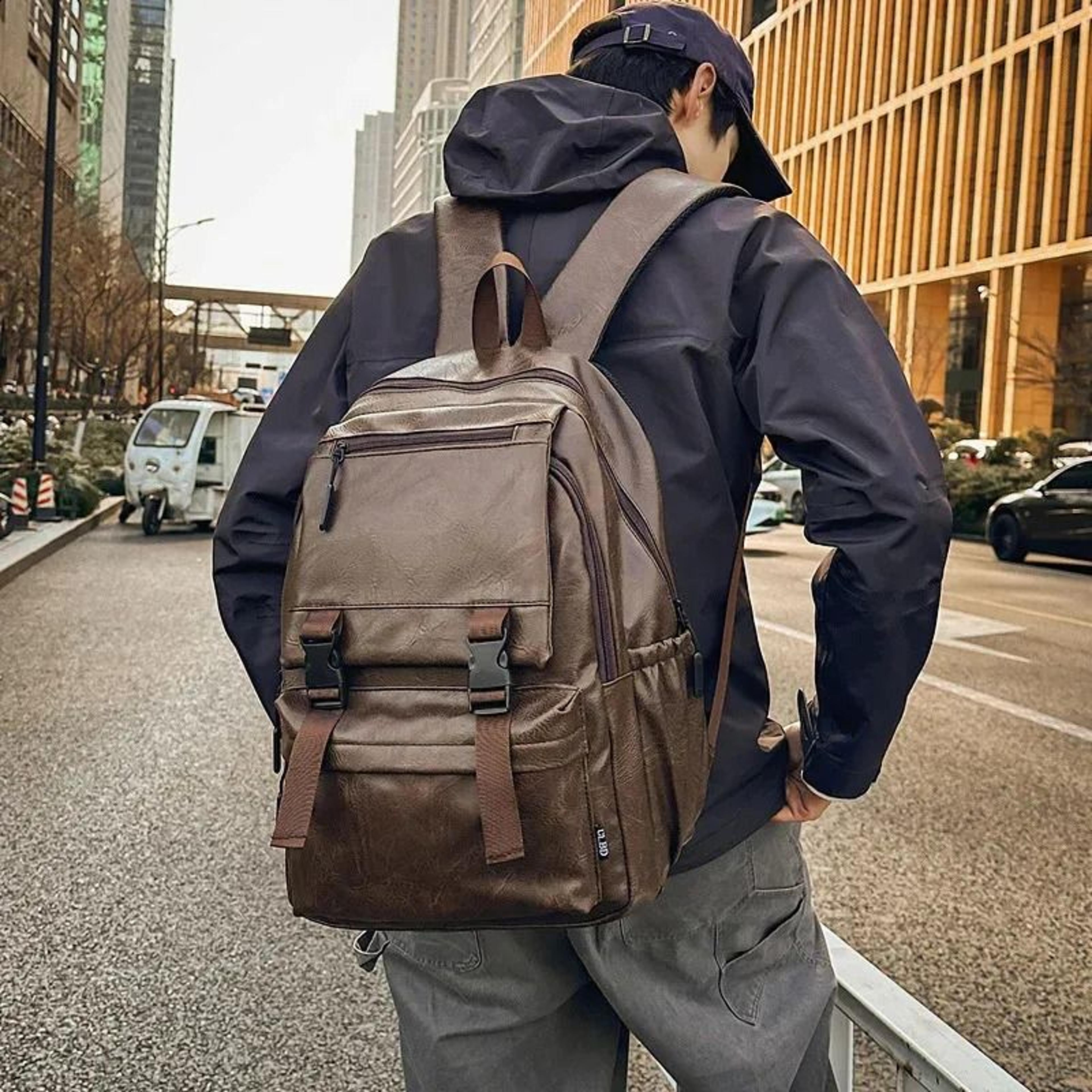 men large pu leather laptop backpack water-resistant korean style school rucksack