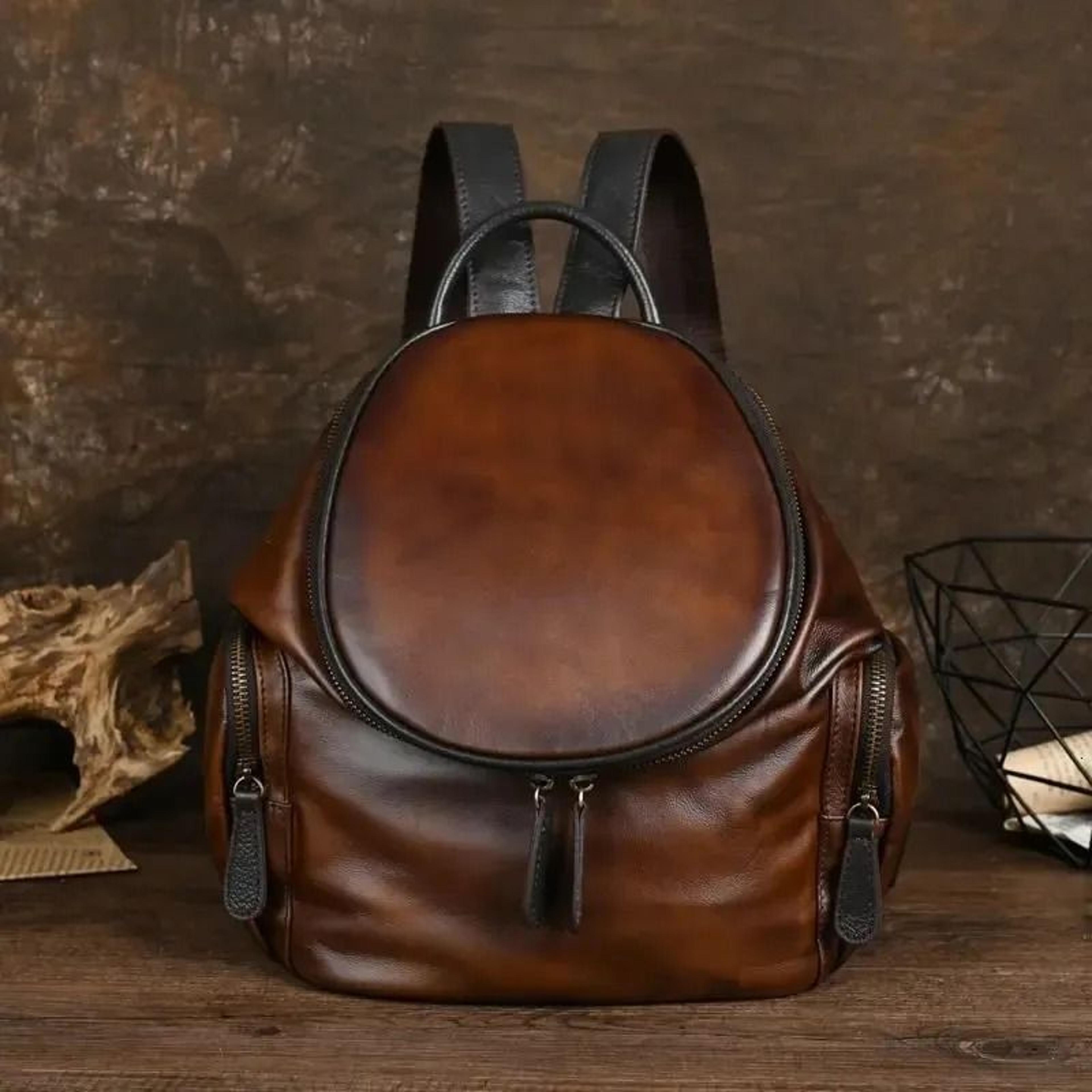 genuine leather women vintage casual backpack