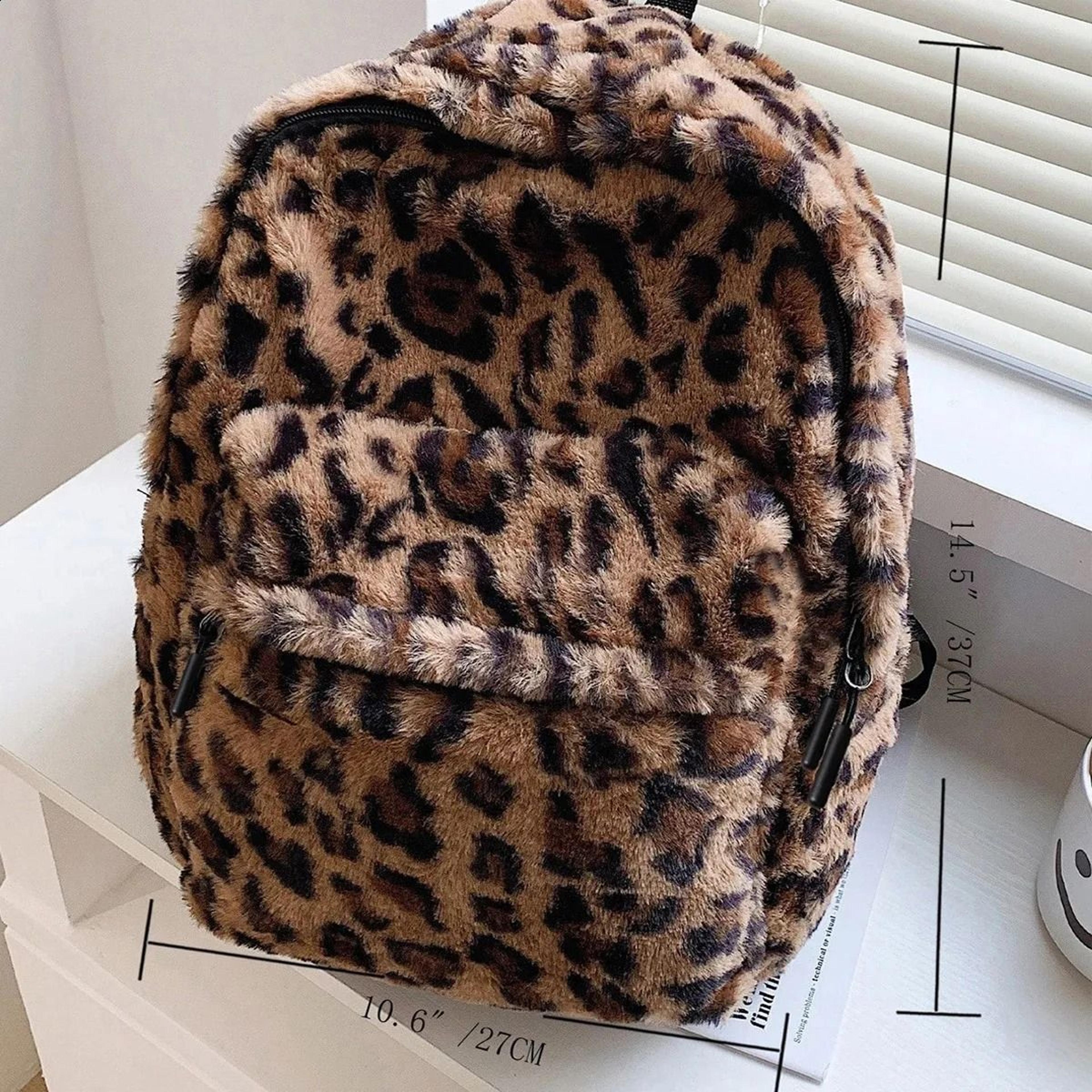 brown leopard plush womens backpack with multi pocket storage and adjustable straps