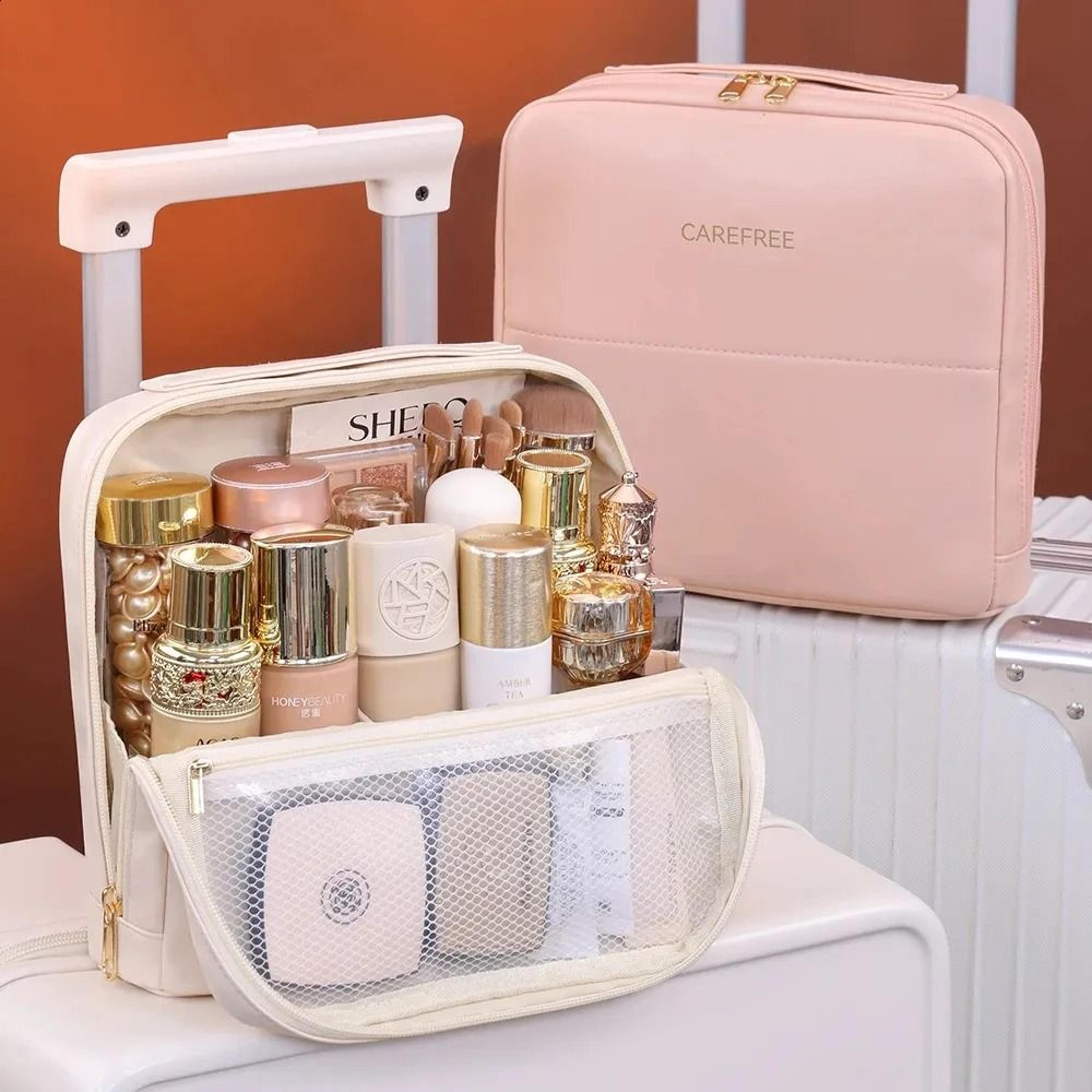 large capacity waterproof standing toiletry bag travel makeup organizer