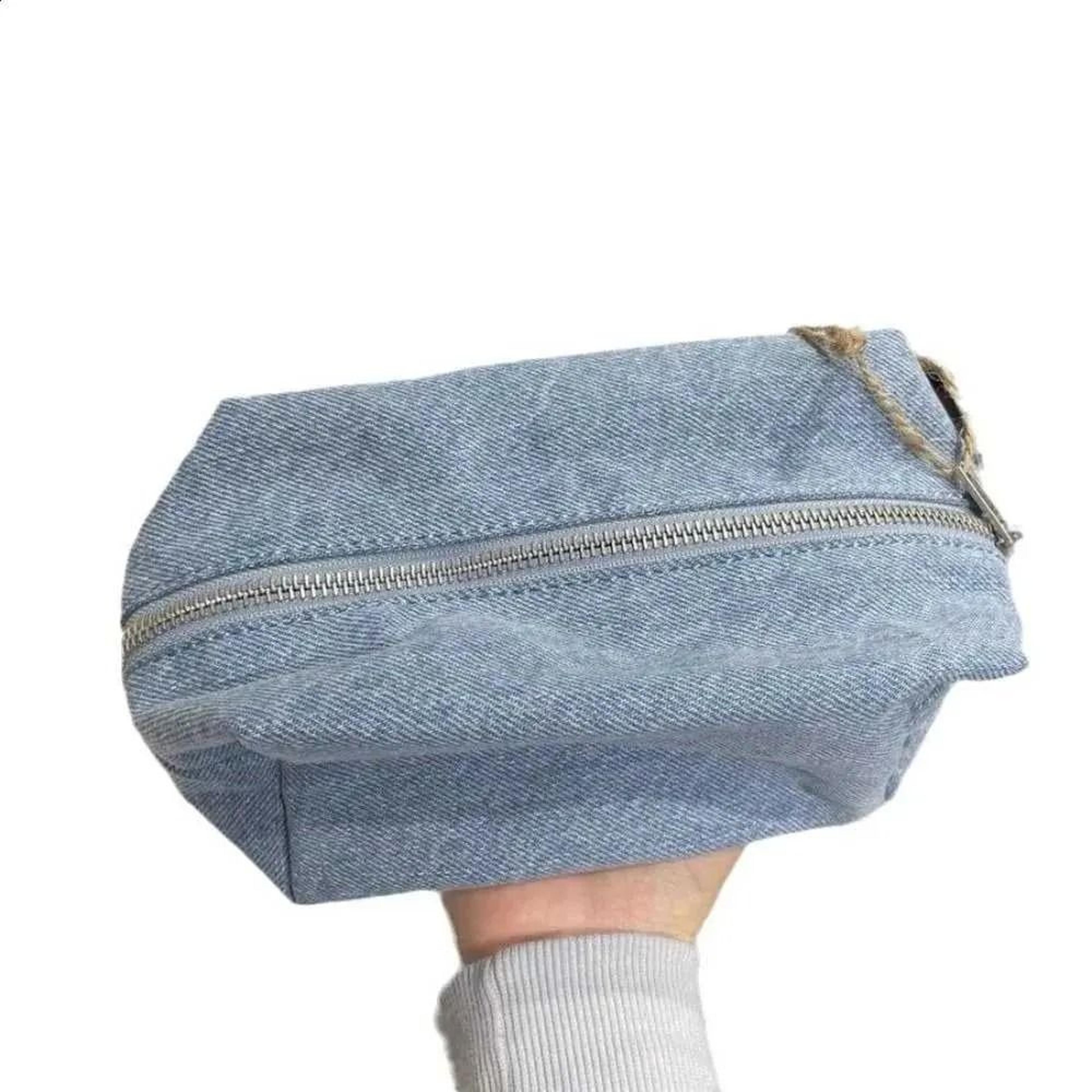 blue denim makeup bag vintage zipper travel cosmetic organizer pencil case