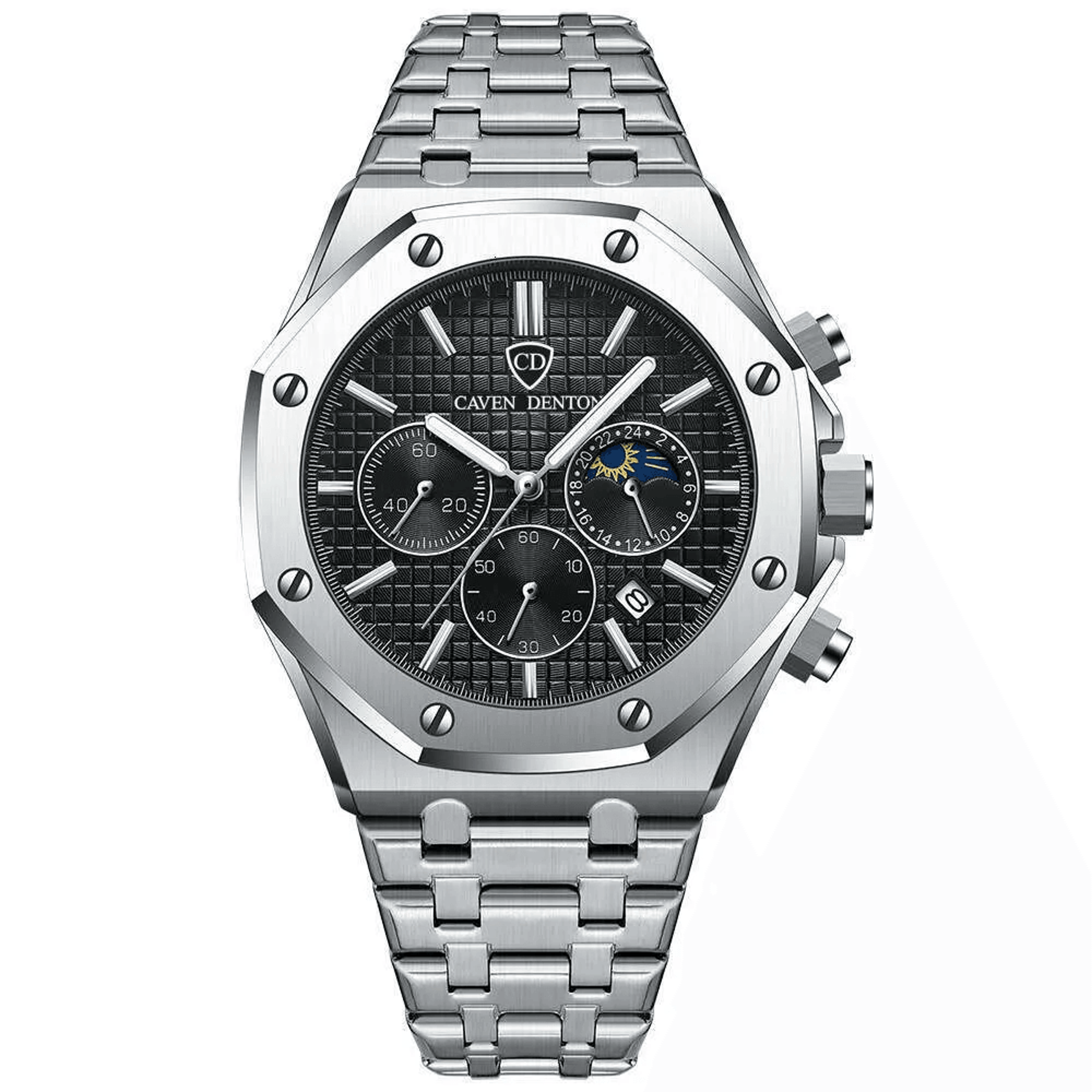 men quartz watch with stainless steel band 30m water resistance and multi-function dial