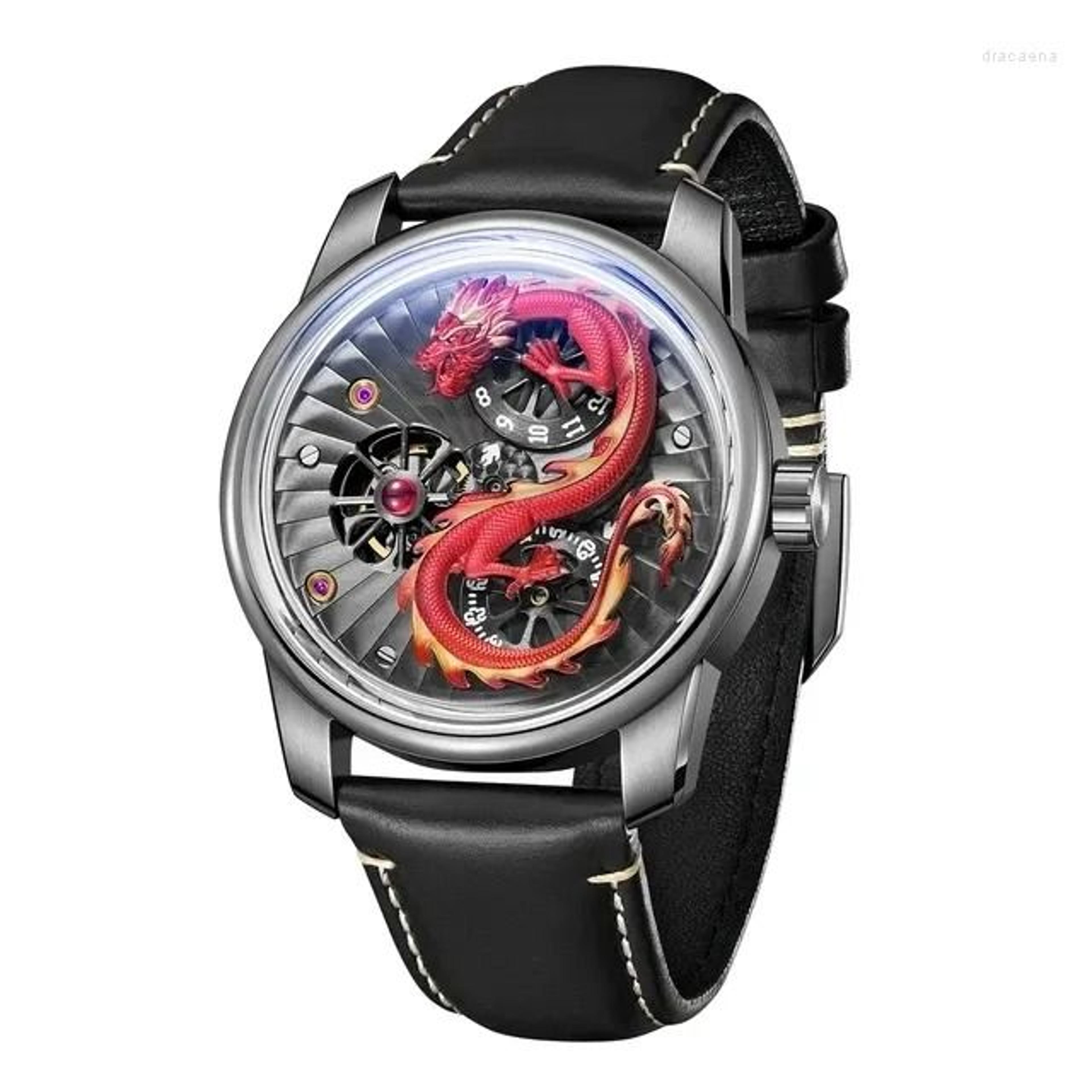 men rose gold dragon automatic mechanical watch with luminous wheels and sapphire glass