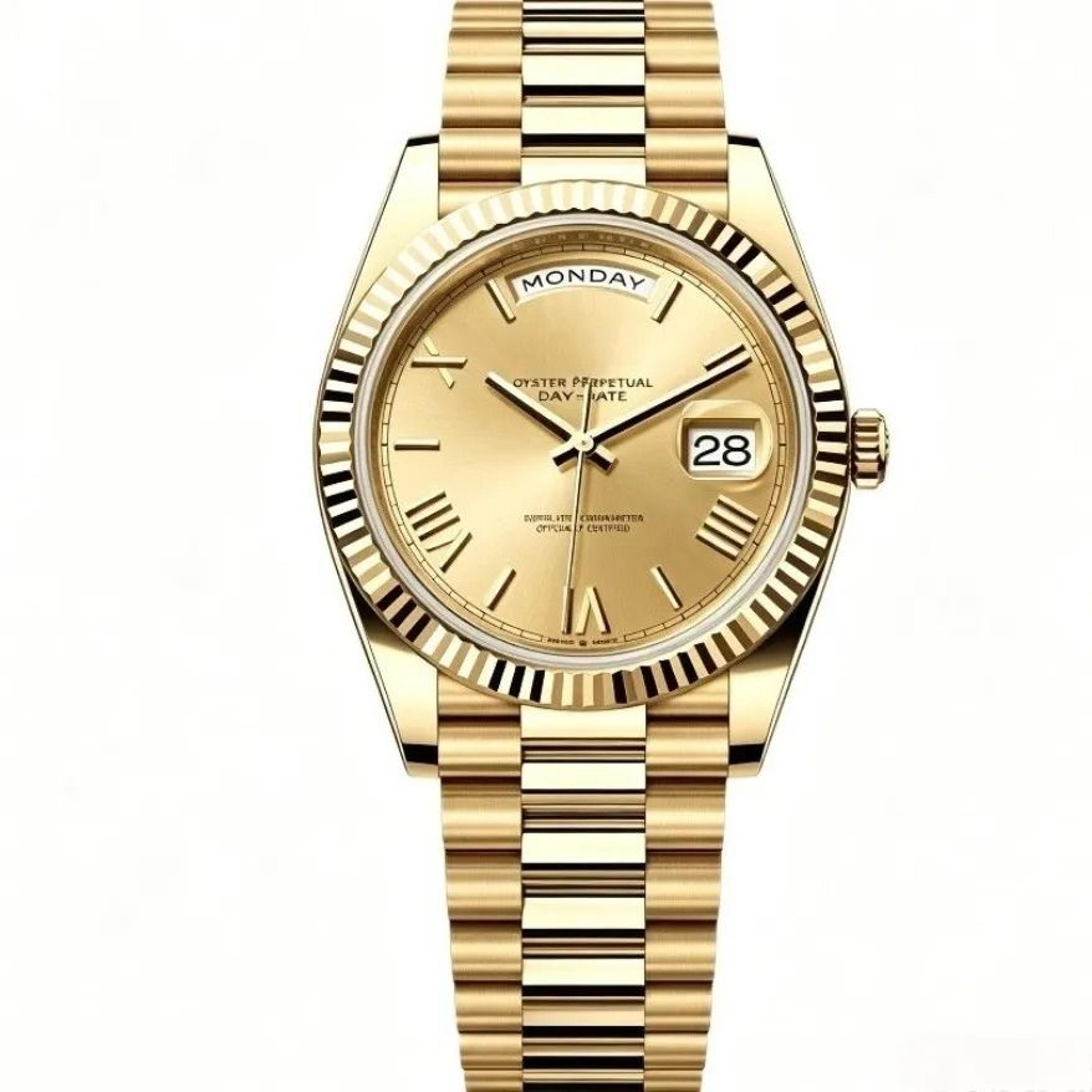 men day date quartz watch with stainless steel band and roman numeral dial