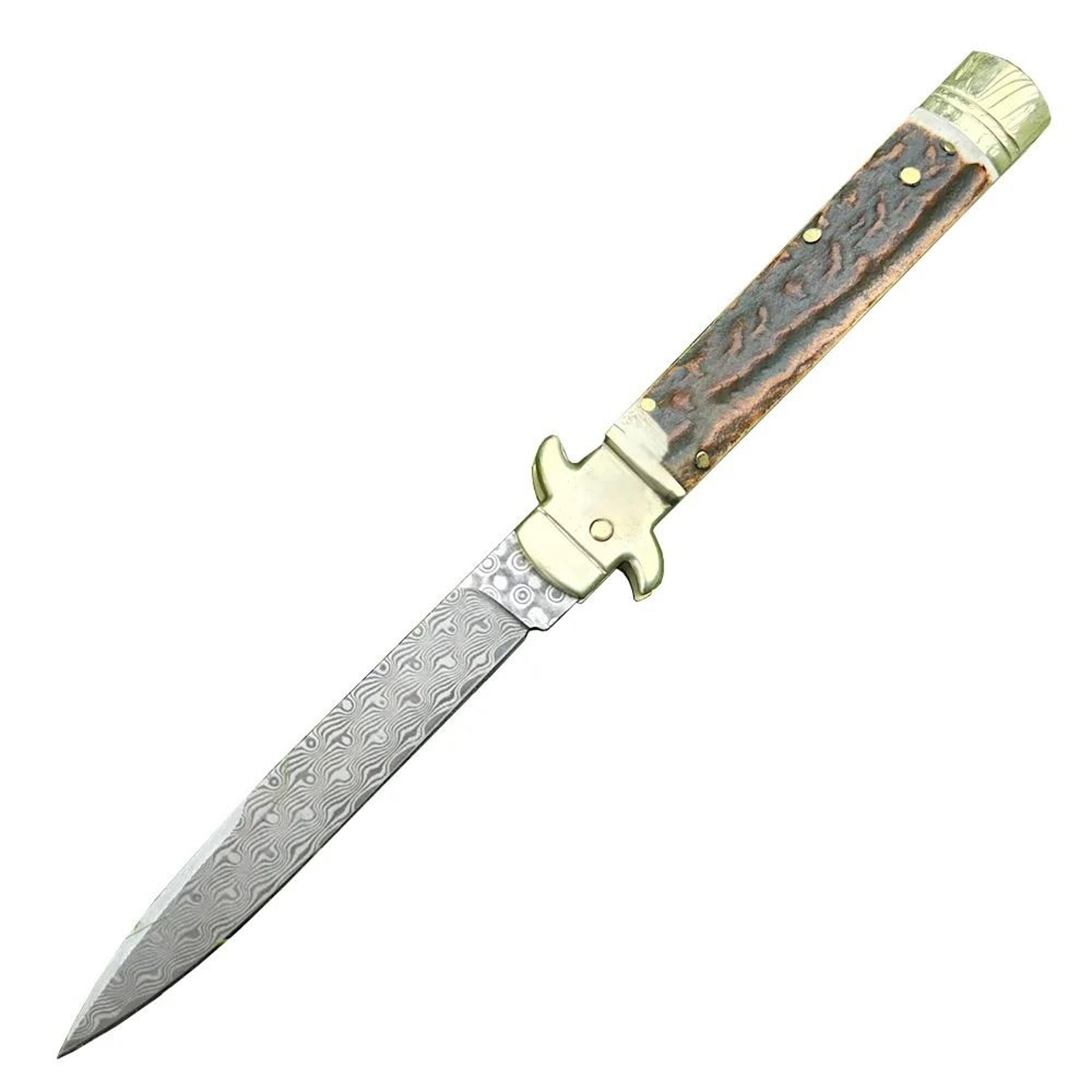 damascus steel tactical folding knife with deer horn and brass handle for camping hiking edc