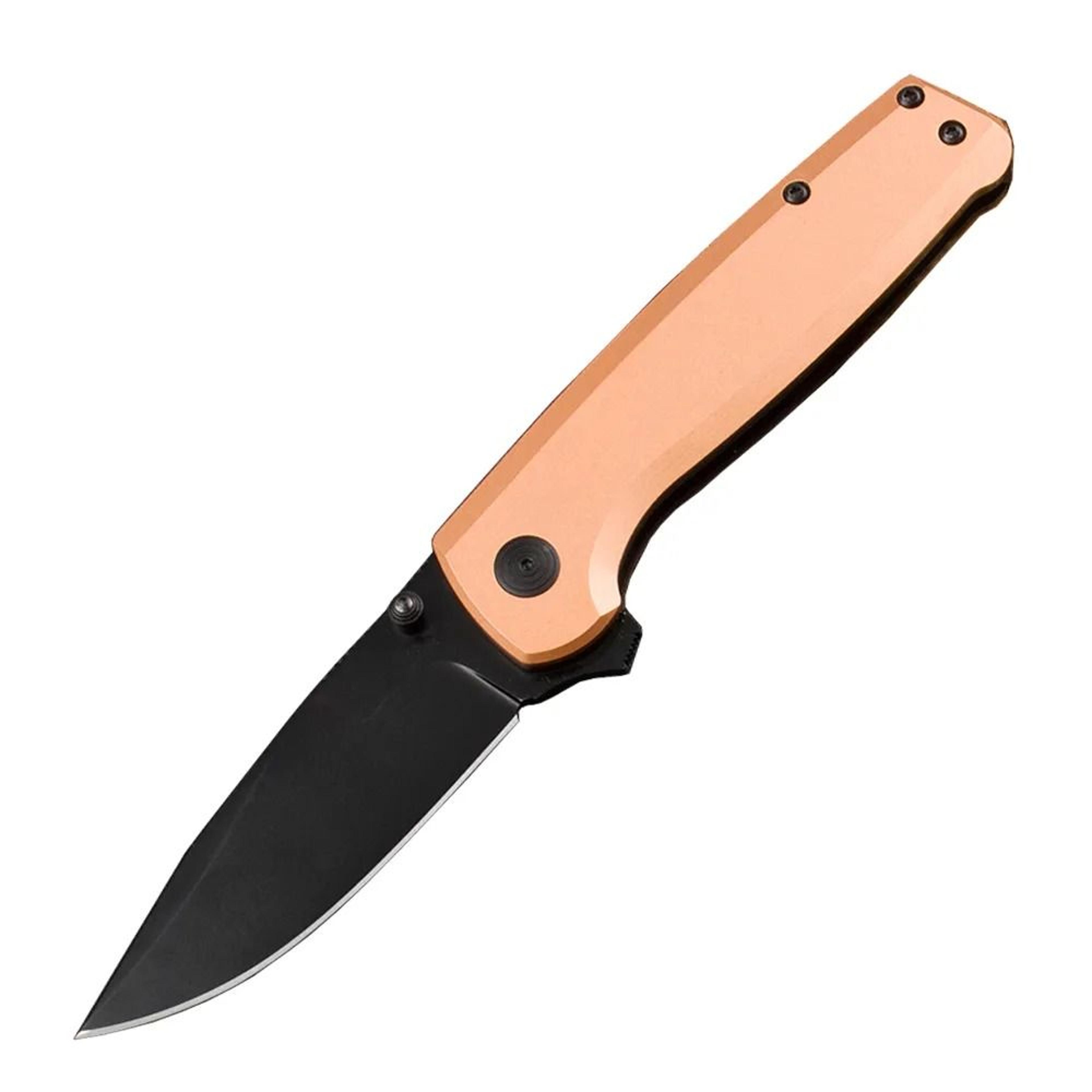steel folding knife with black titanium drop point blade and cnc copper handle