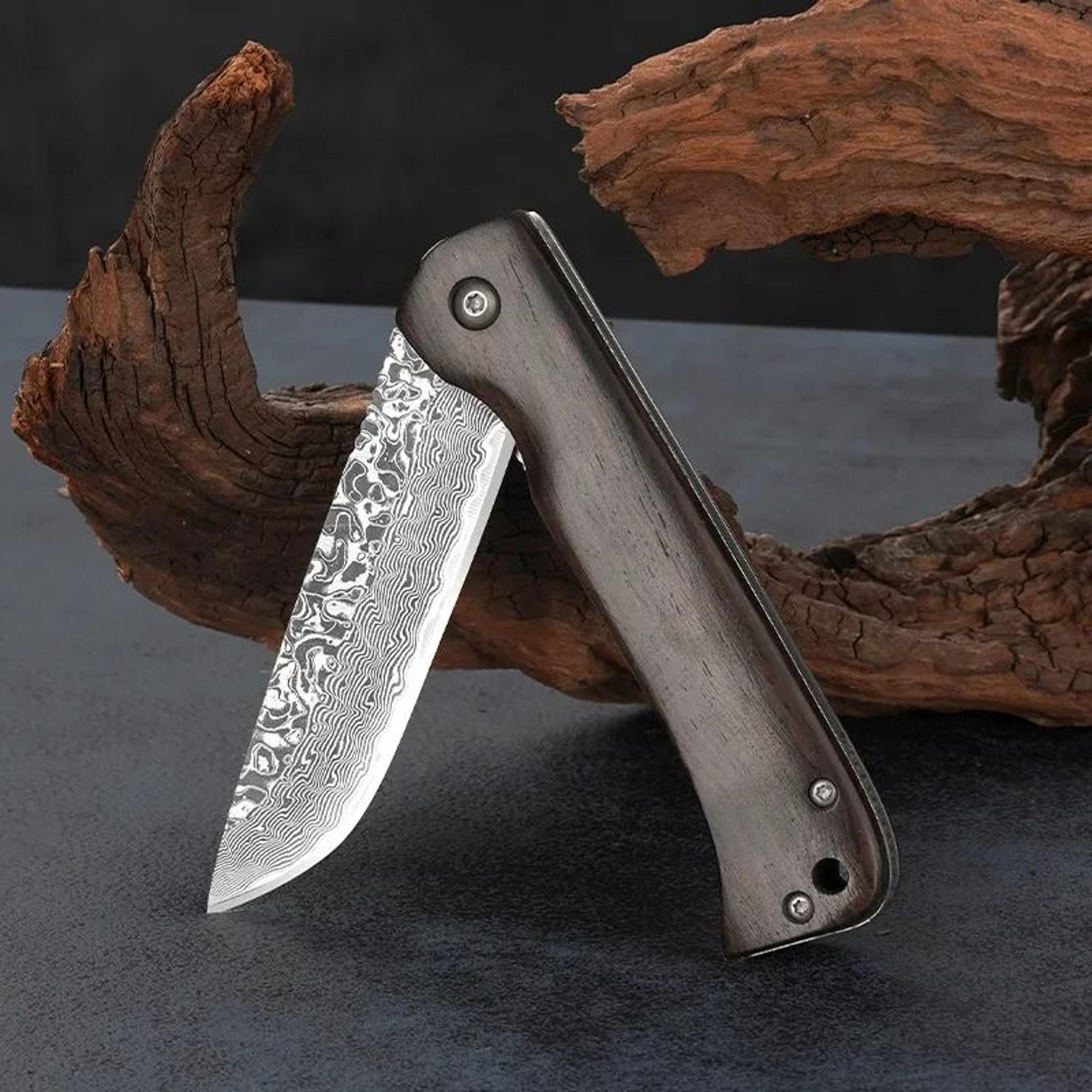 folding pocket knife with damascus steel blade and rosewood handle