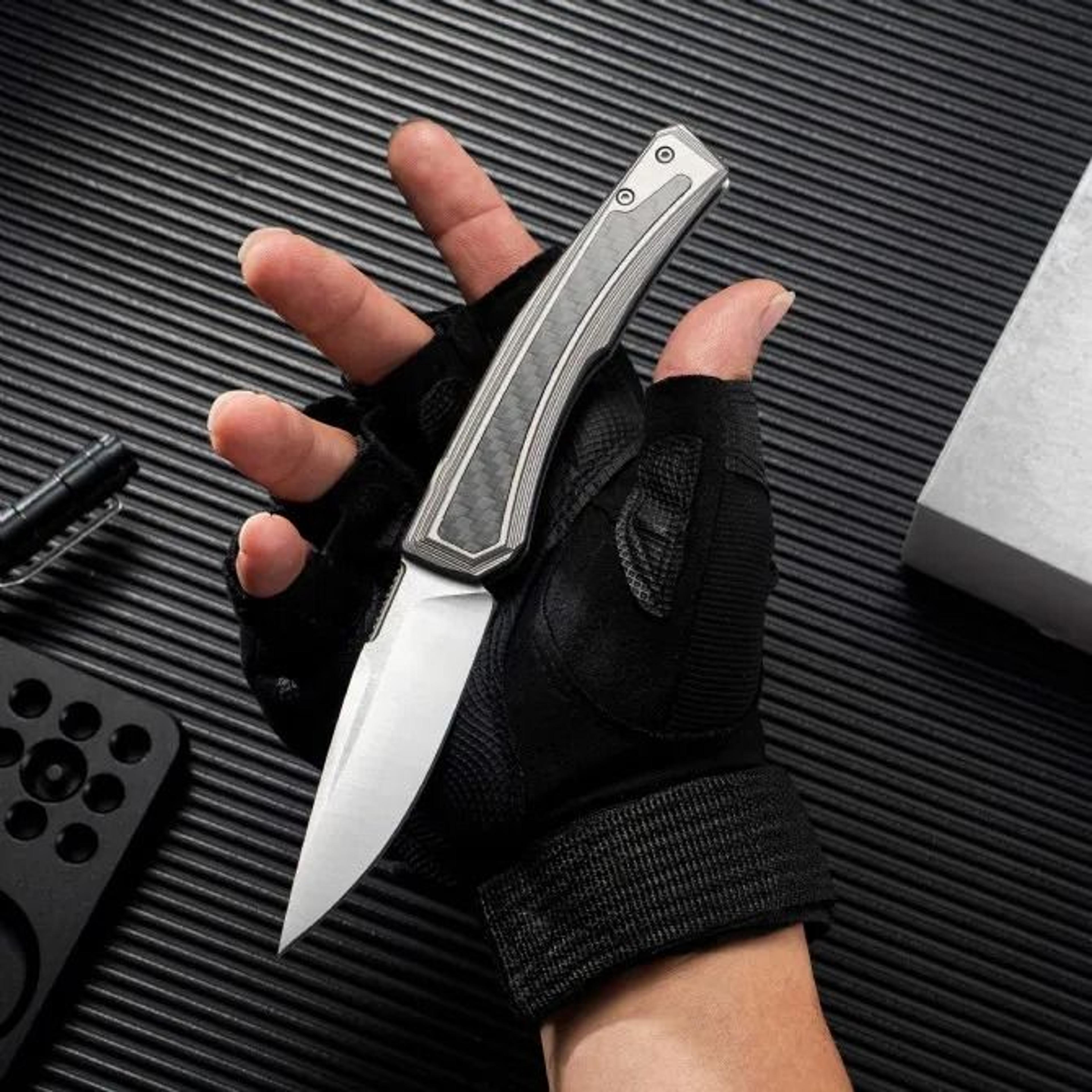 steel tactical folding knife with carbon fiber and aluminum handle