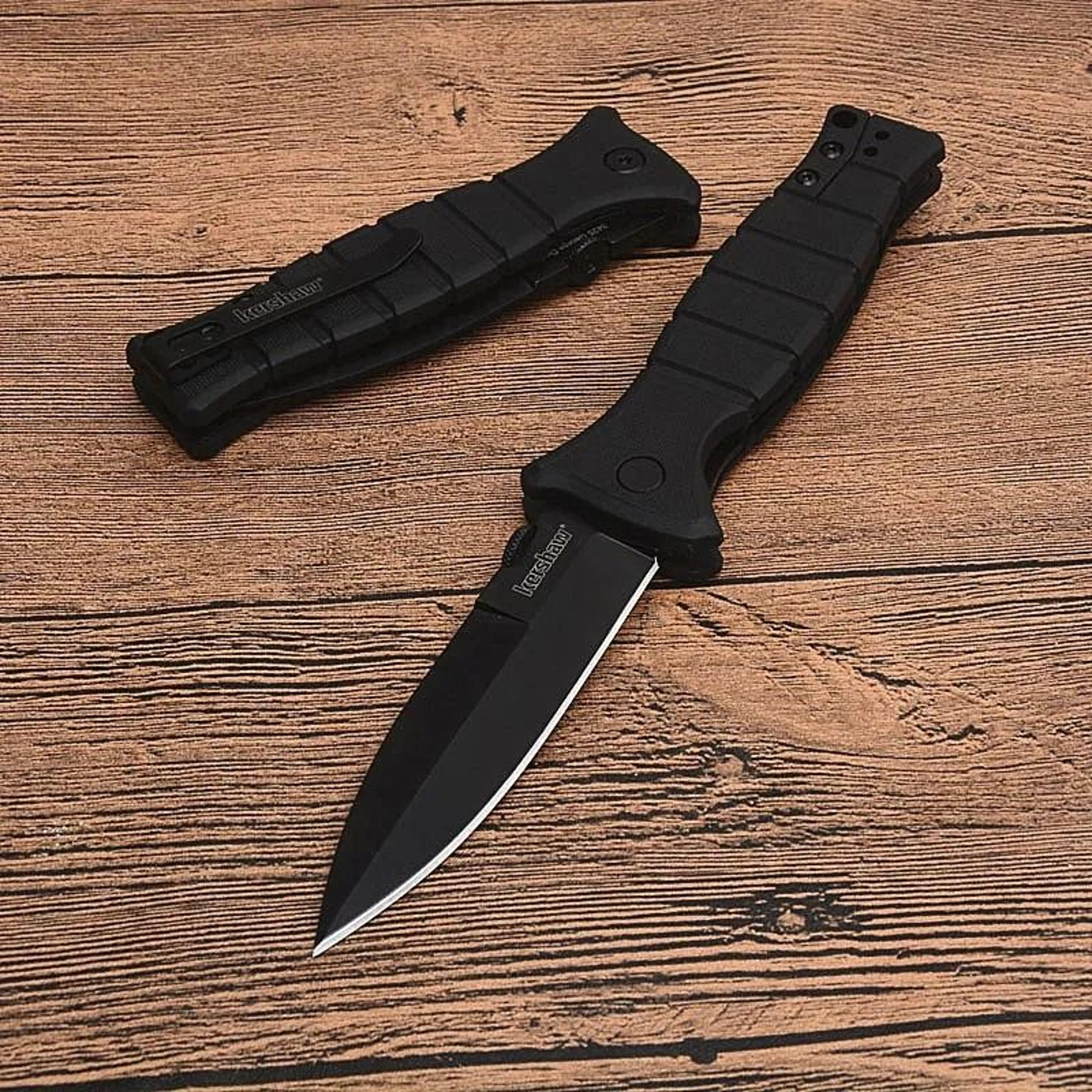 pocket folding knife with black blade and nylon glass fiber handle