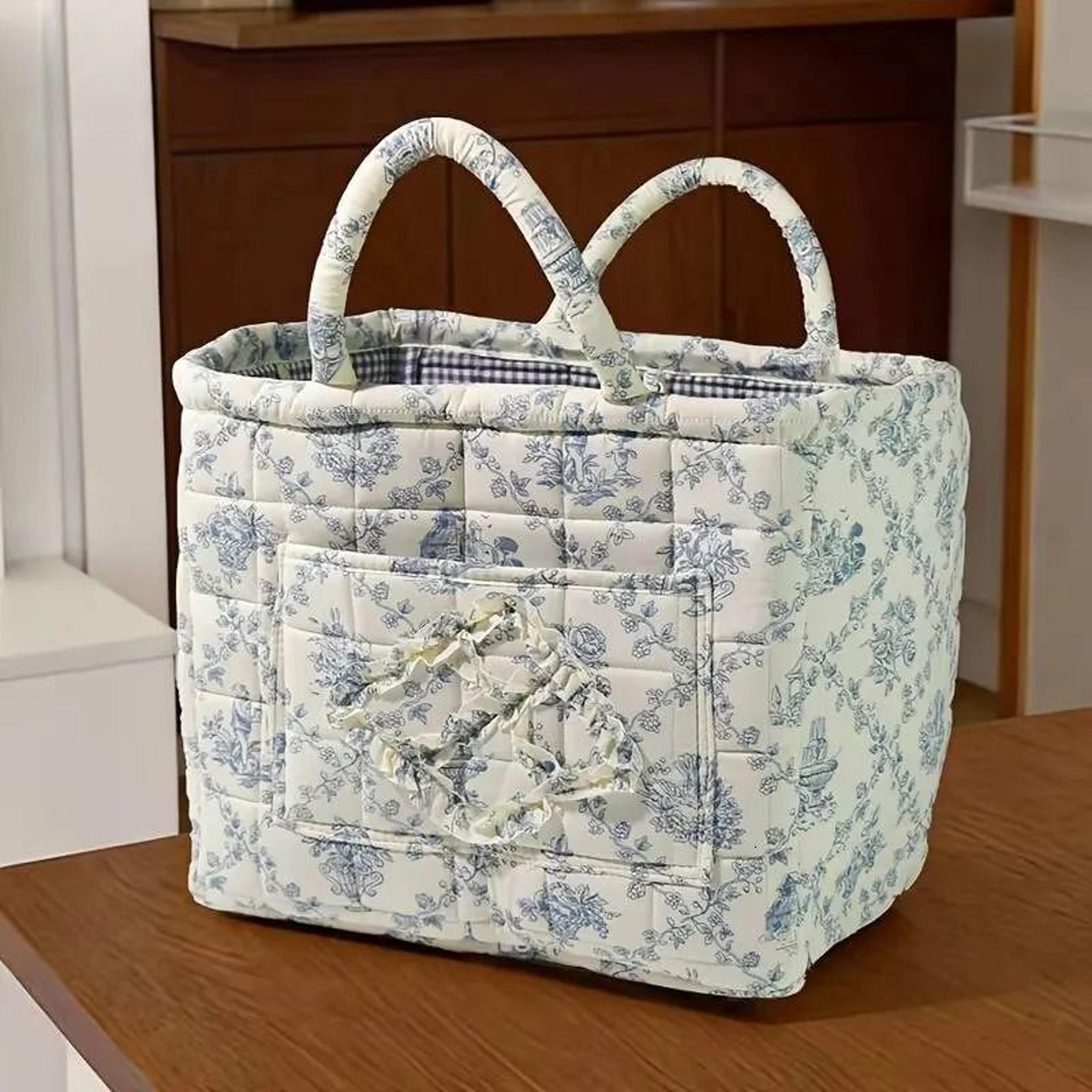 large foldable quilted canvas laundry storage basket with fabric handles
