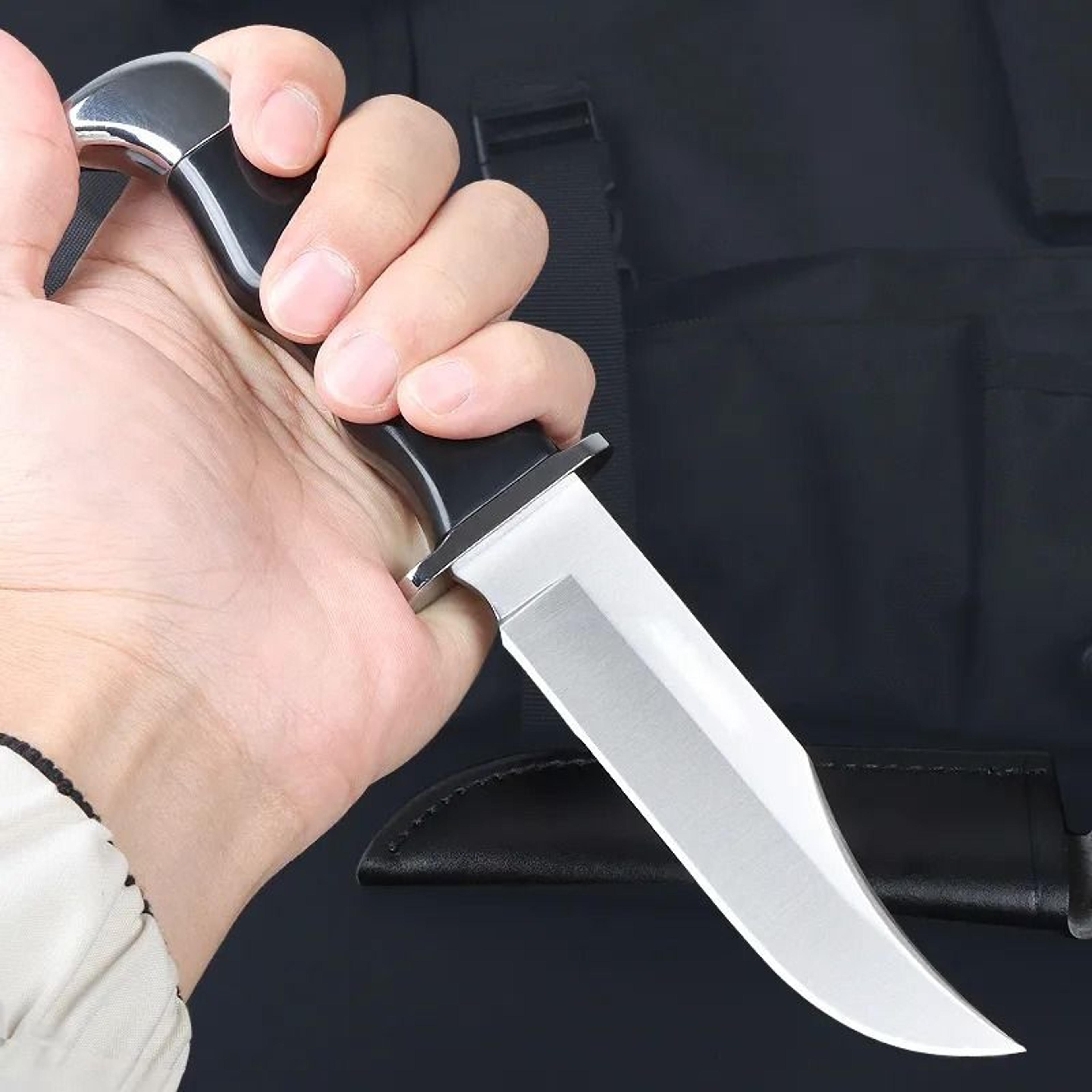 fixed blade bowie knife with stainless steel blade and leather sheath
