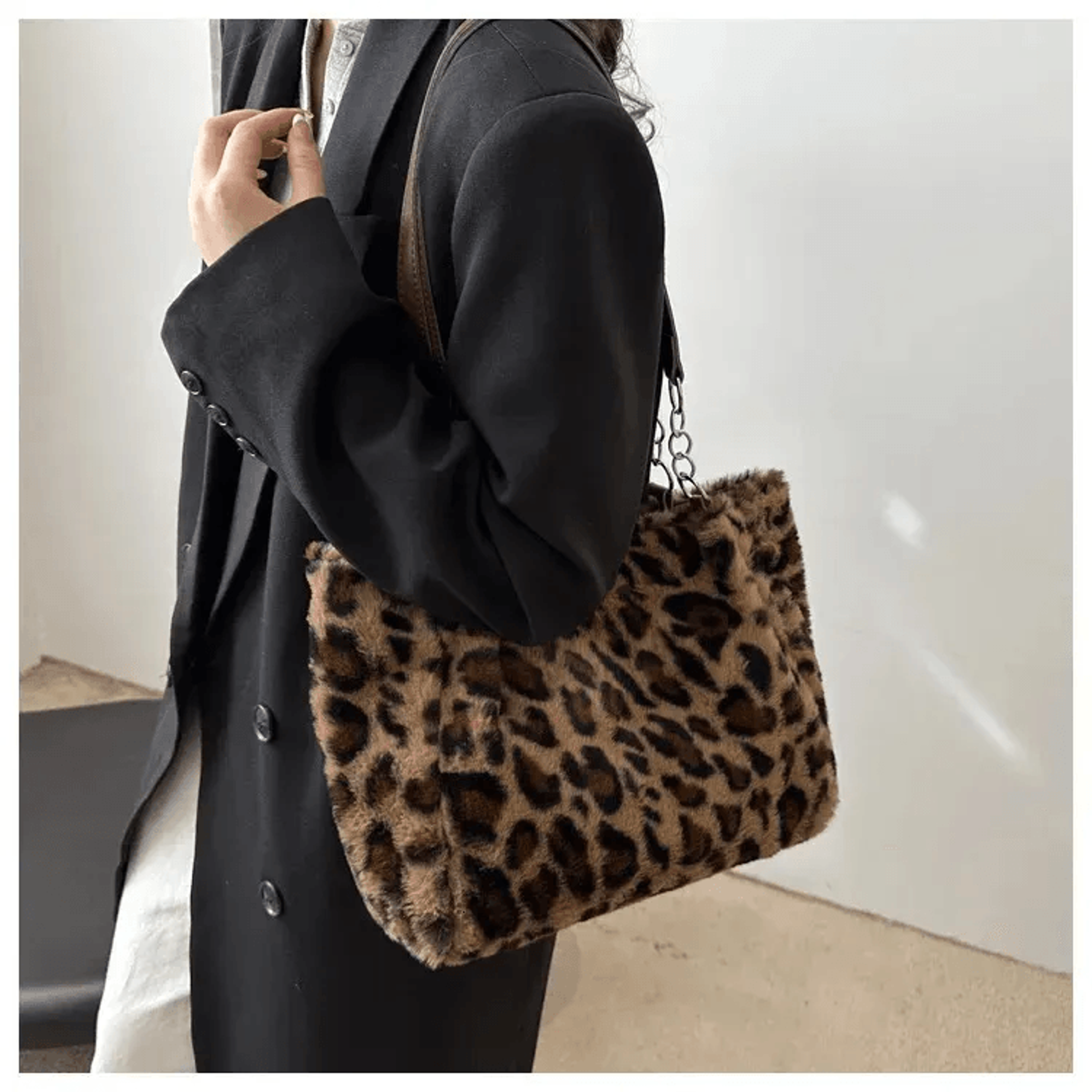 women leopard faux fur plush tote bag large capacity shoulder handbag