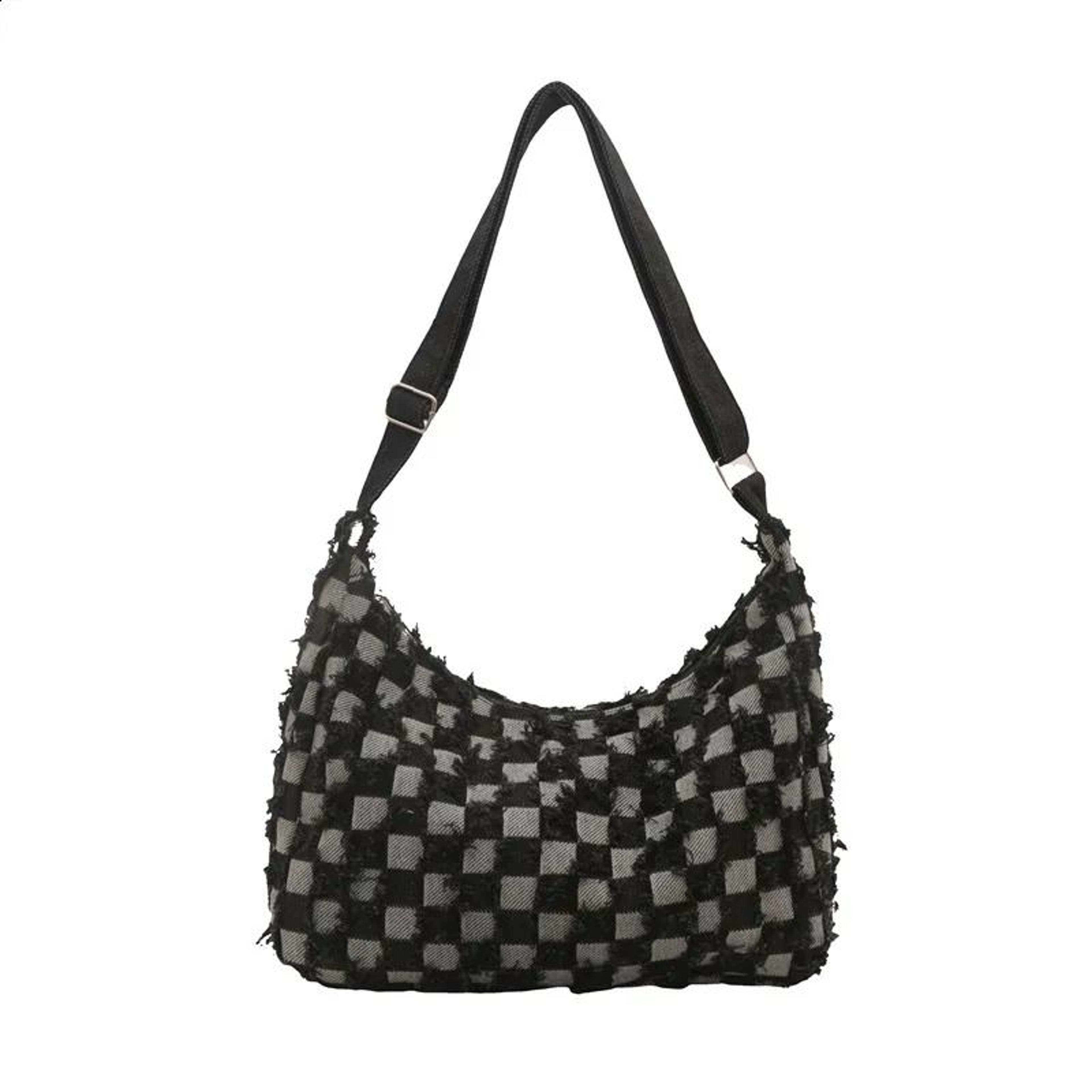 checked denim mini tote bag with zipper closure