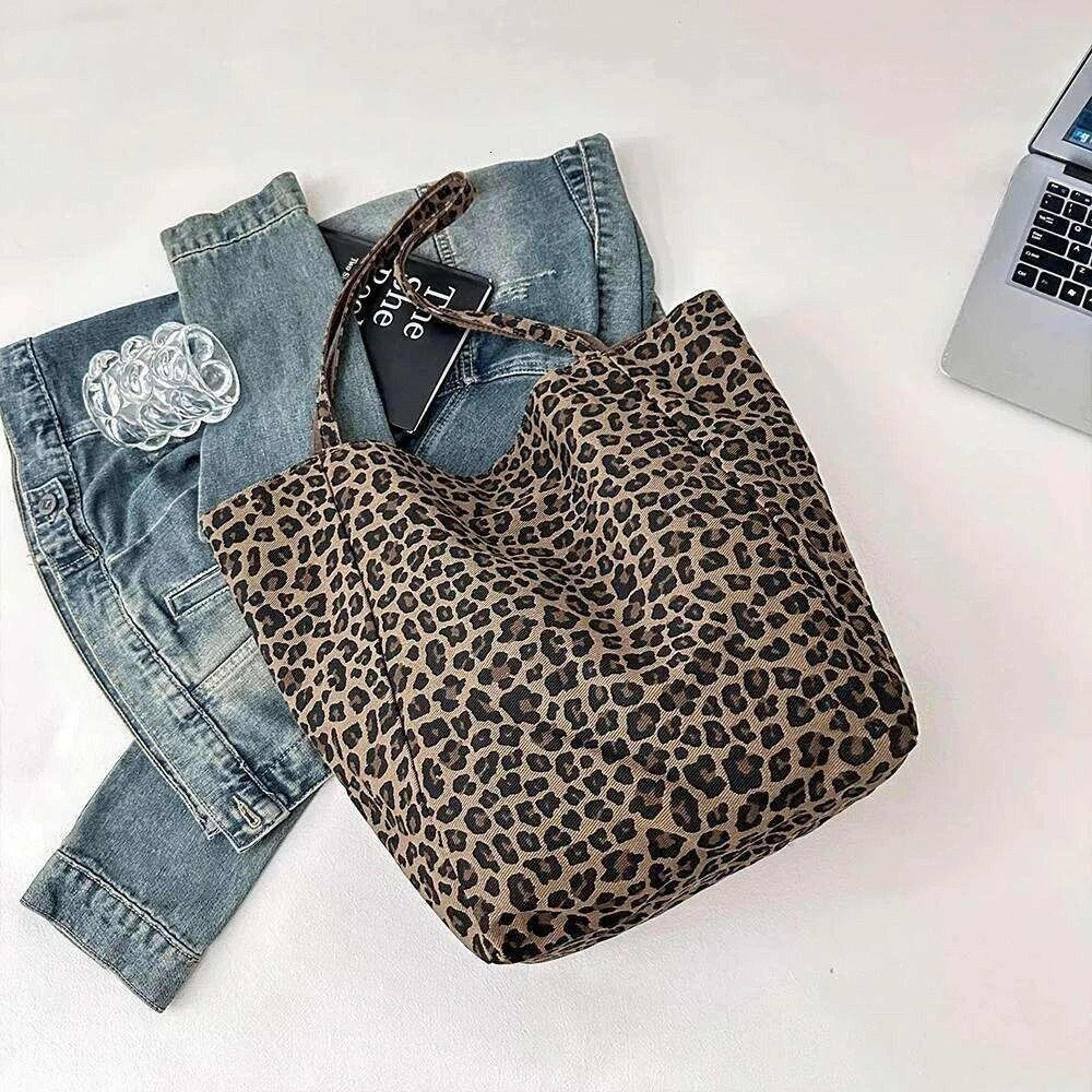 leopard print canvas tote bag large capacity casual college style bag