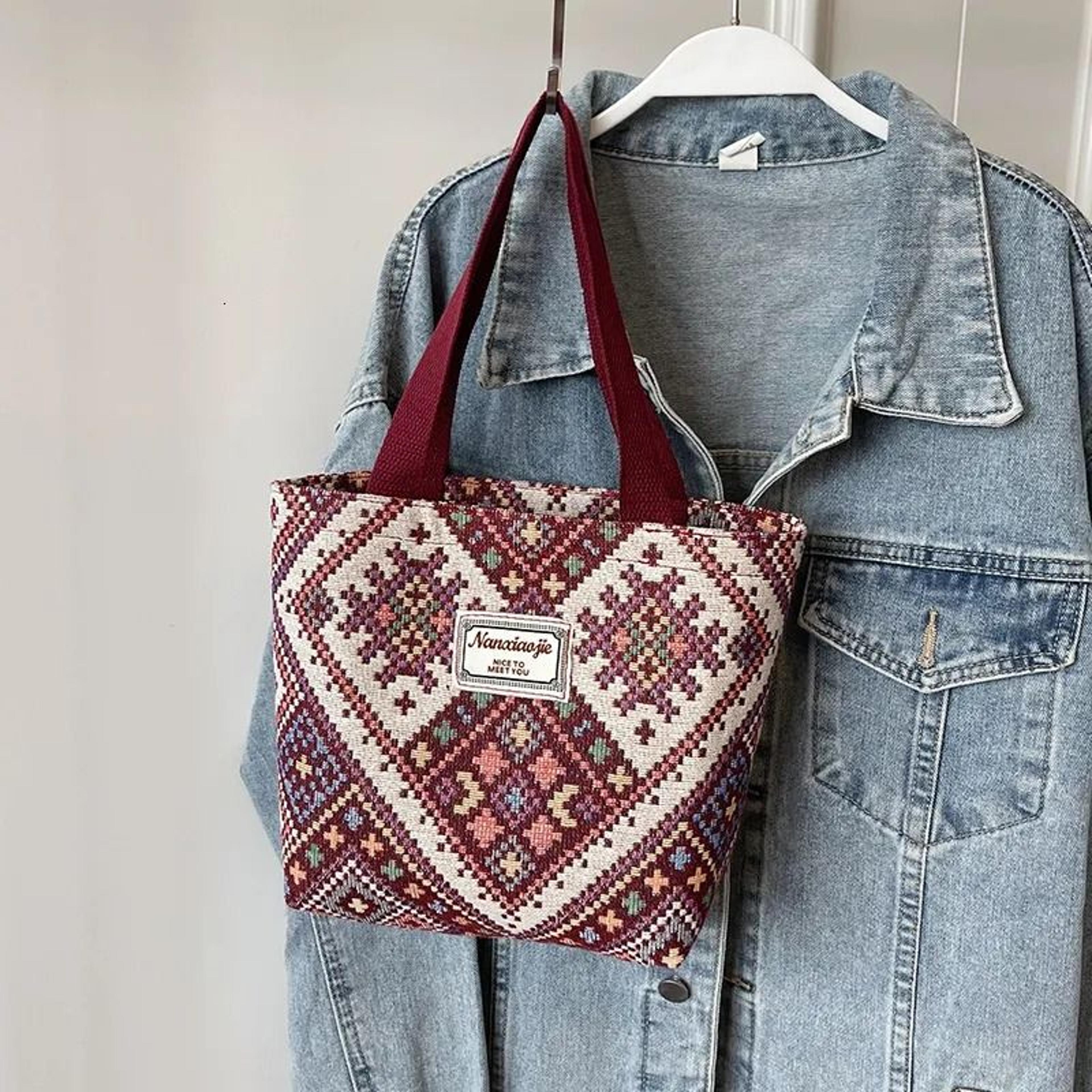 large capacity canvas shoulder tote bag for women with ethnic style design