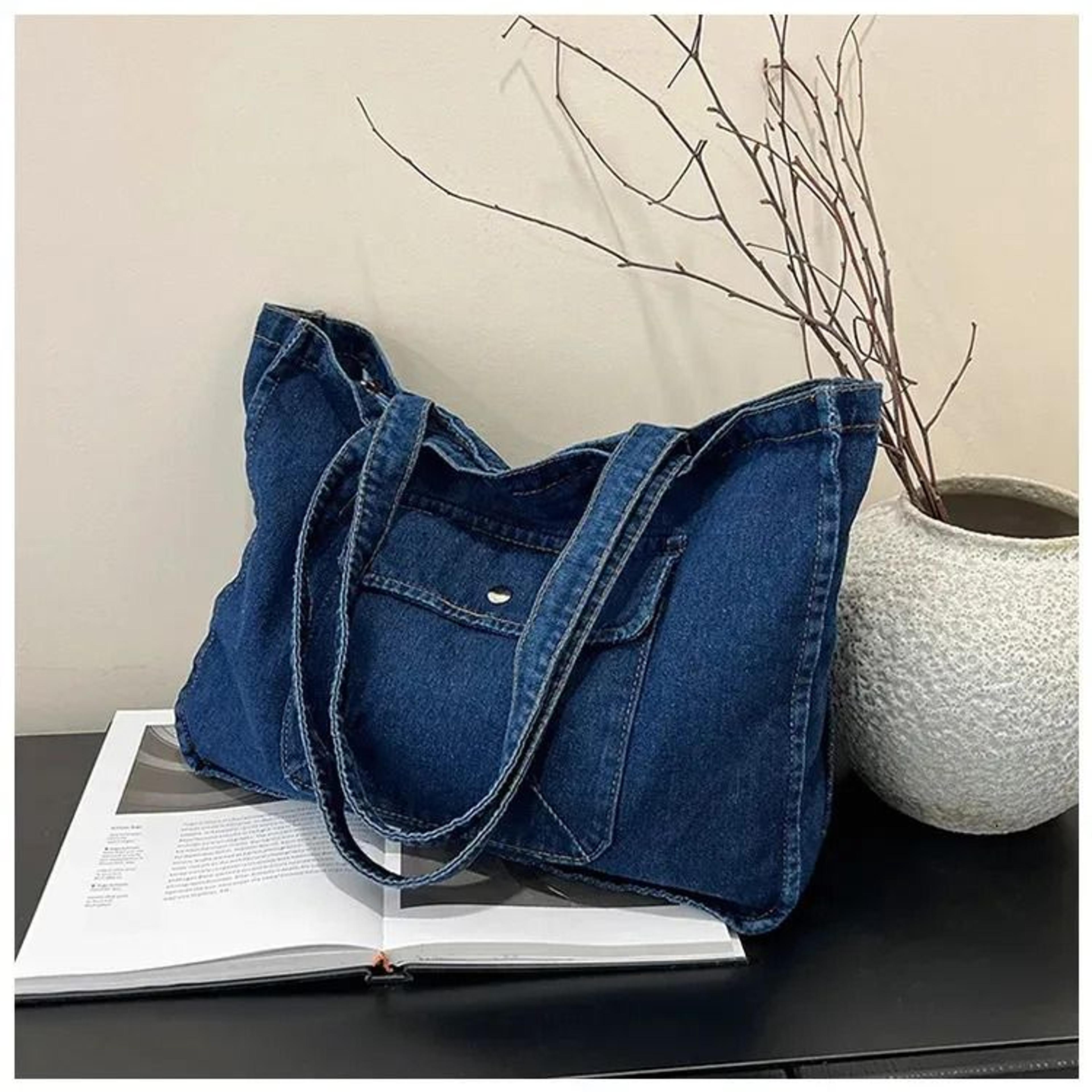 denim shoulder tote bag with zipper and large carrying space