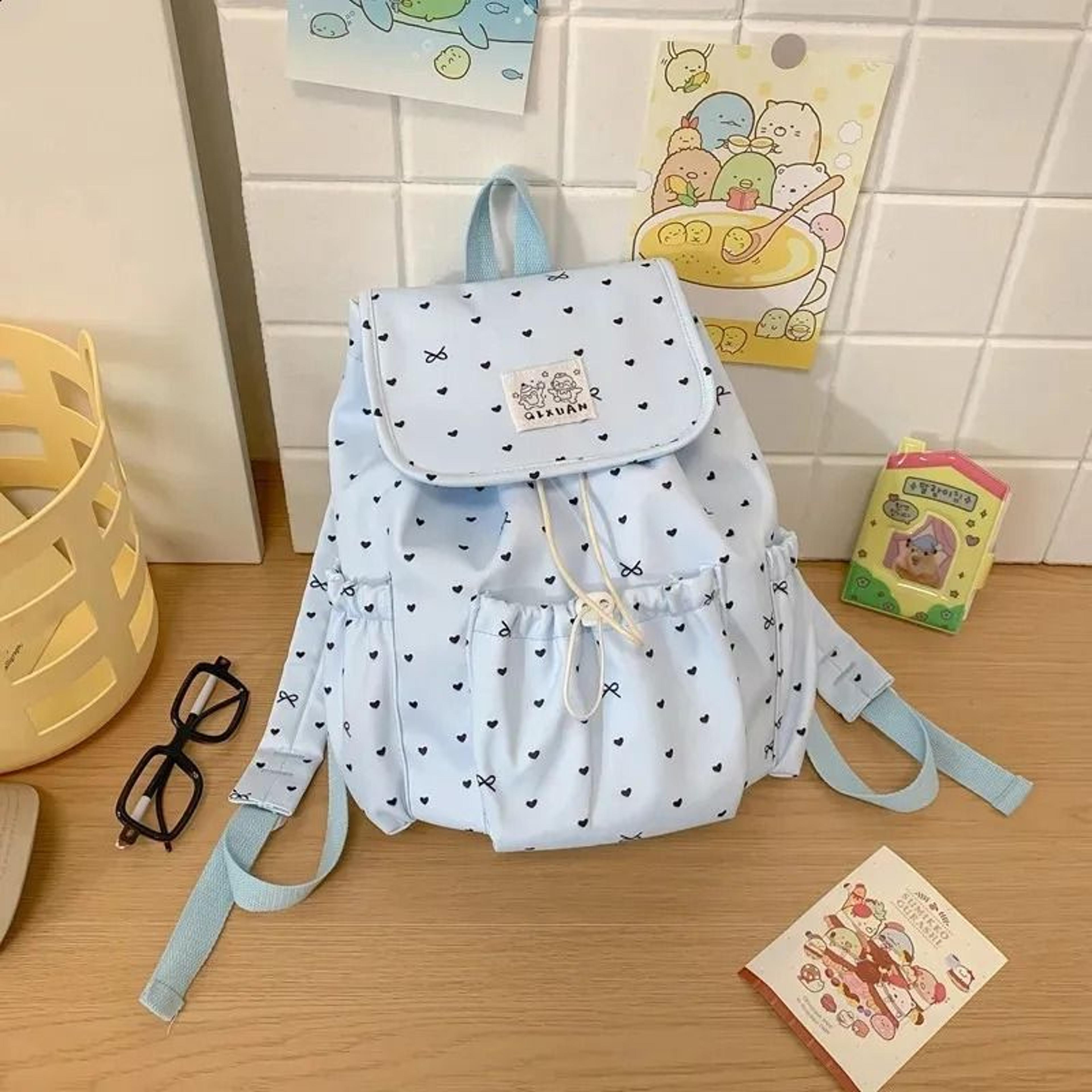 polka dot drawstring womens backpack with bow detail