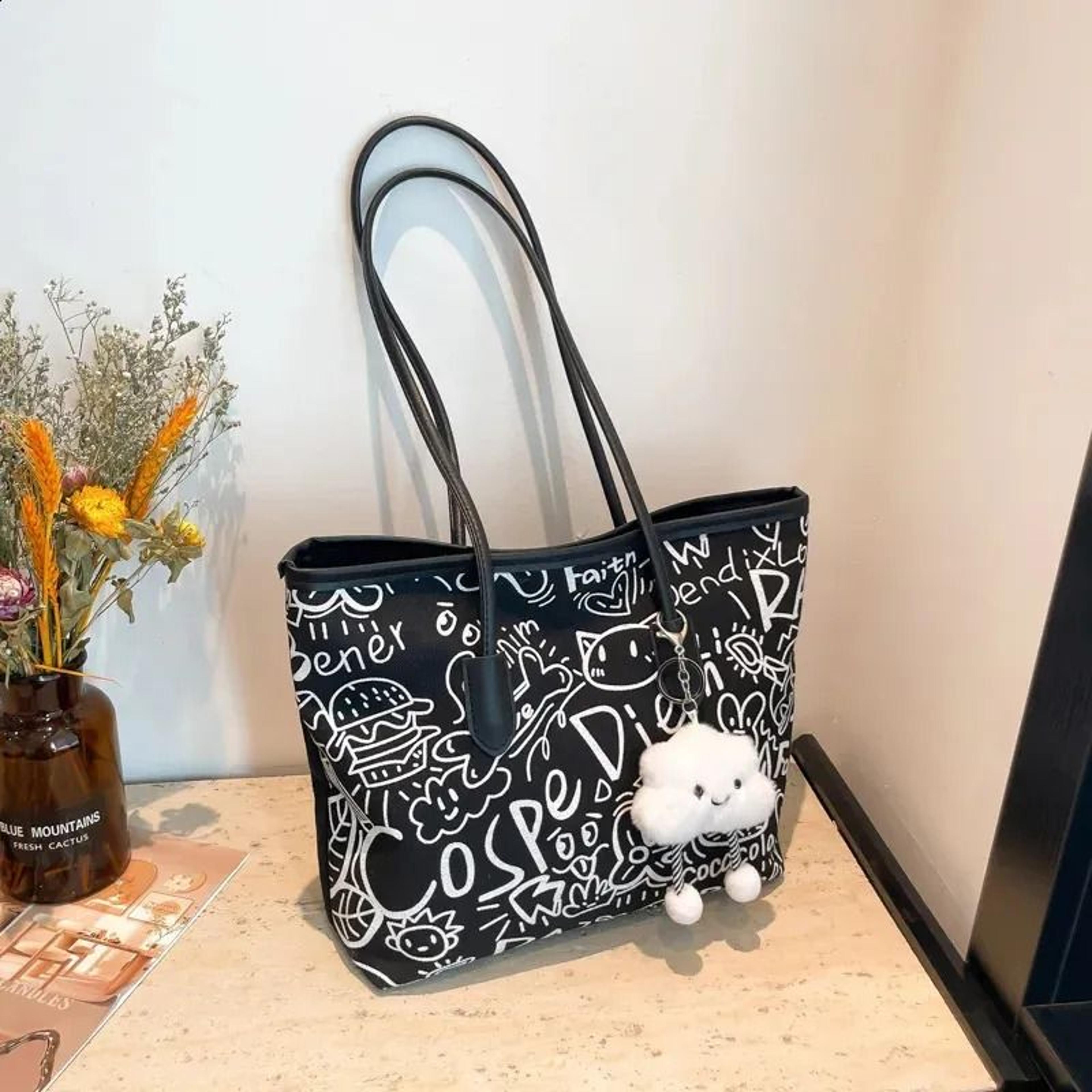 large capacity printed tote bag with pendant for women