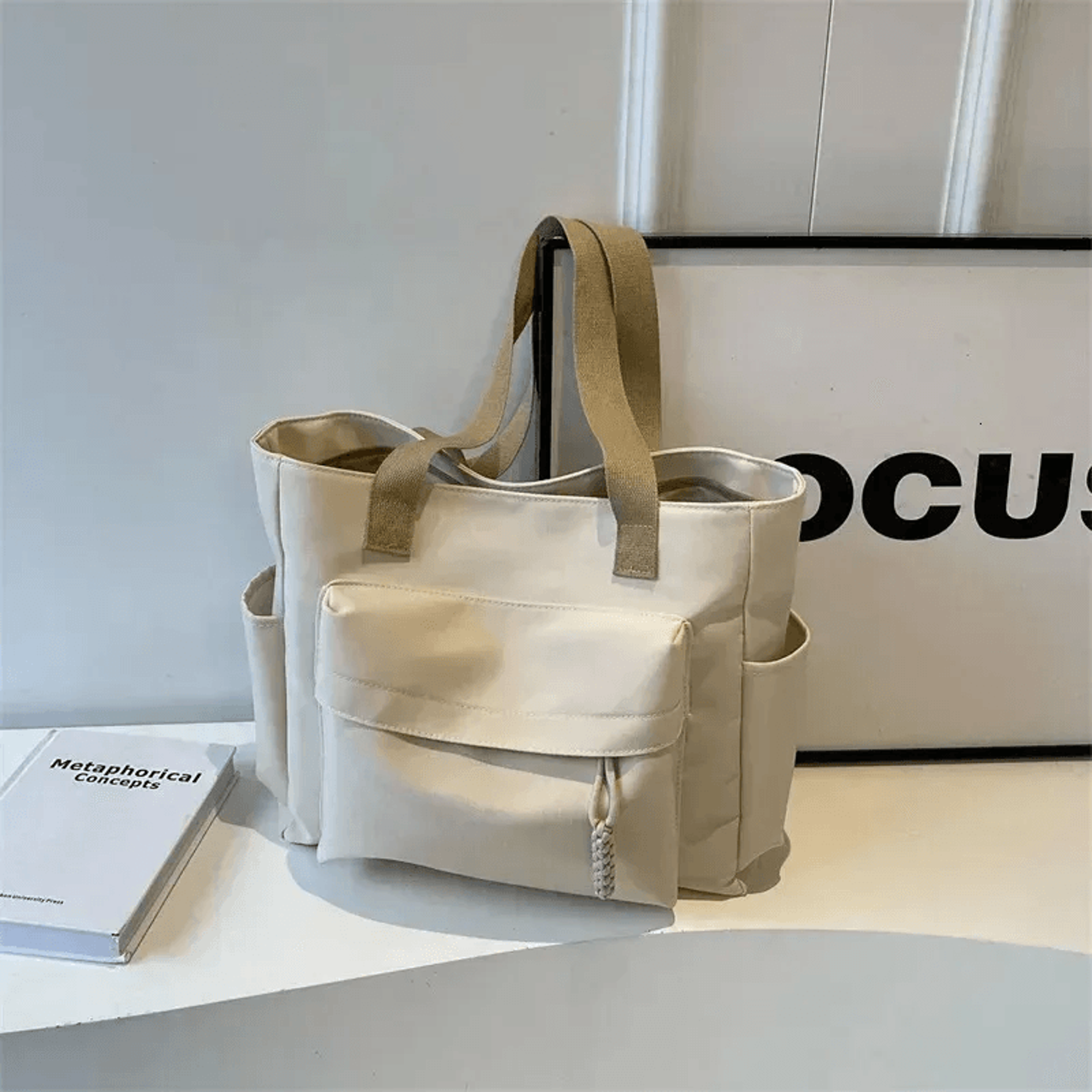 canvas shoulder tote bag with zipper large capacity everyday handbag