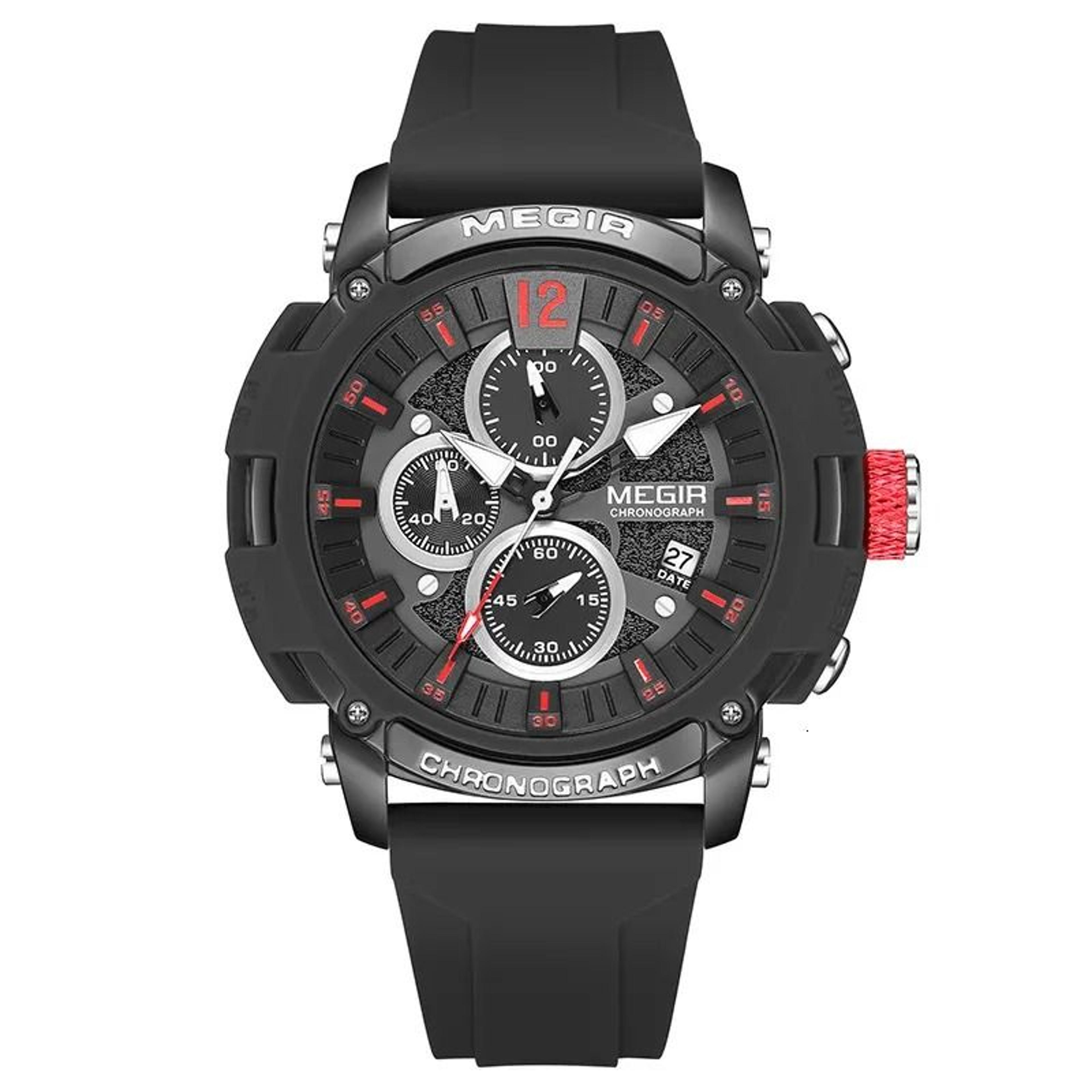 men quartz watch with three subdials six-hand dial and waterproof sporty design