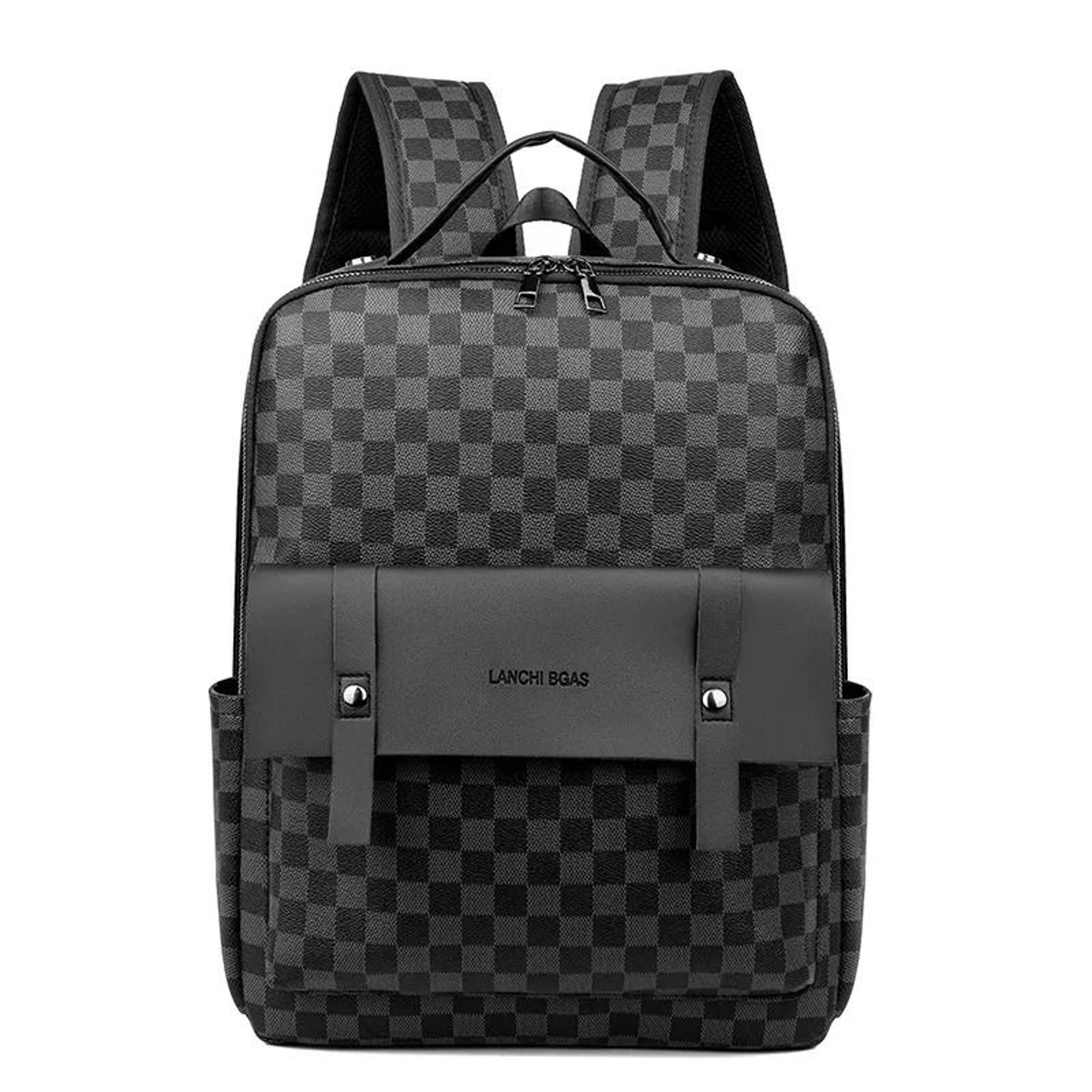 men leather grid pattern laptop backpack for business travel and commuting