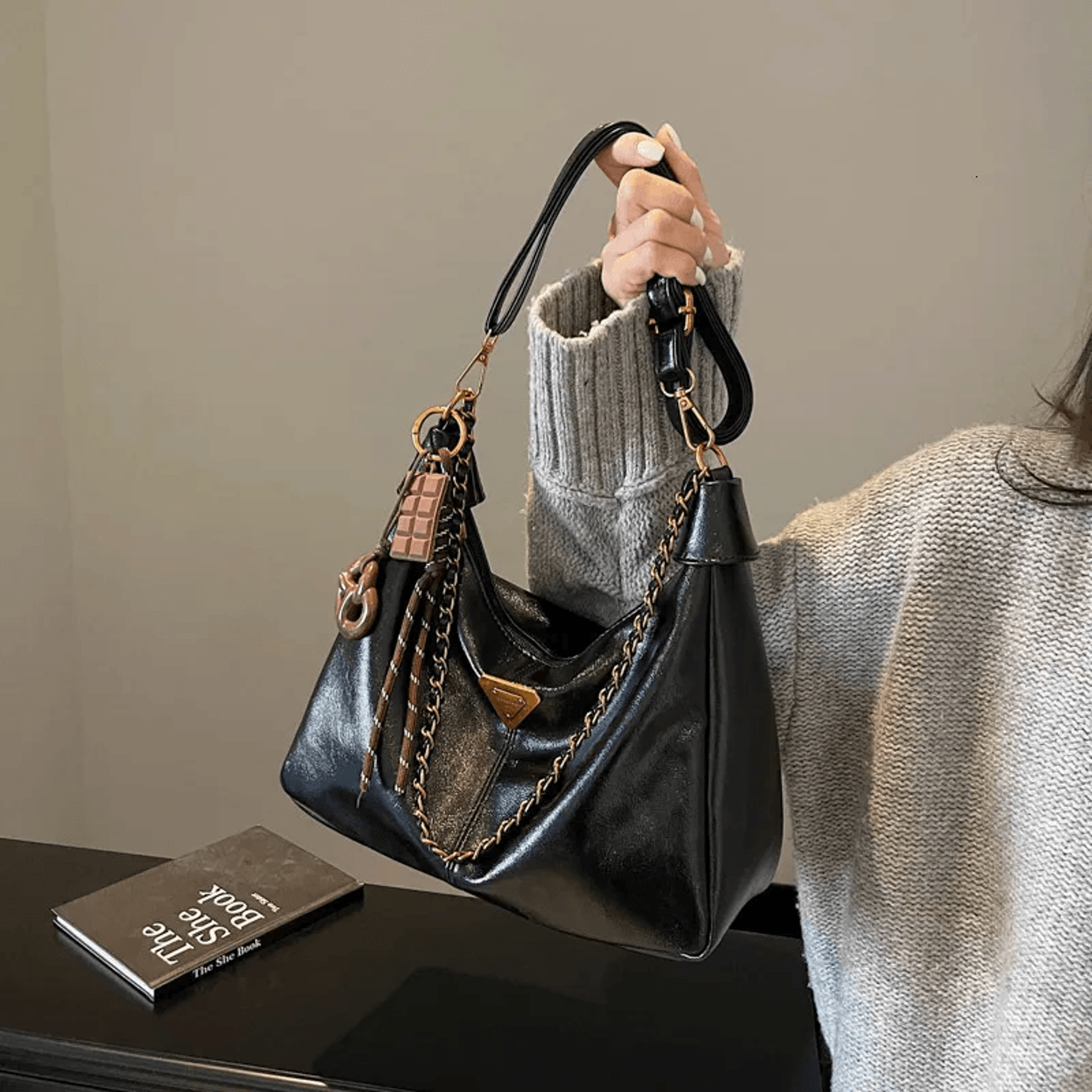 vintage oil wax leather hobo bag with adjustable wide strap and chain