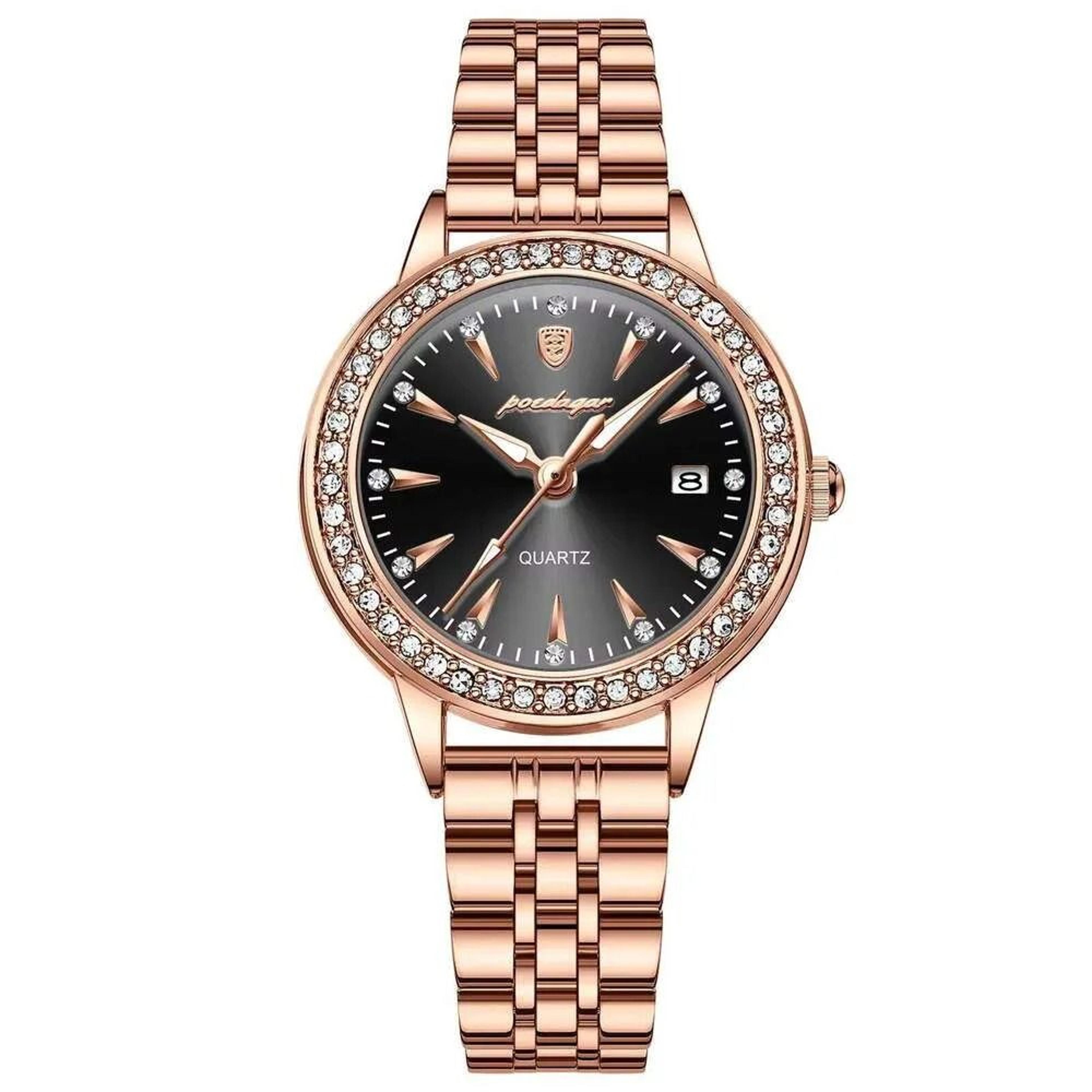 womens ultra-thin stainless steel quartz watch with date and luminous hands