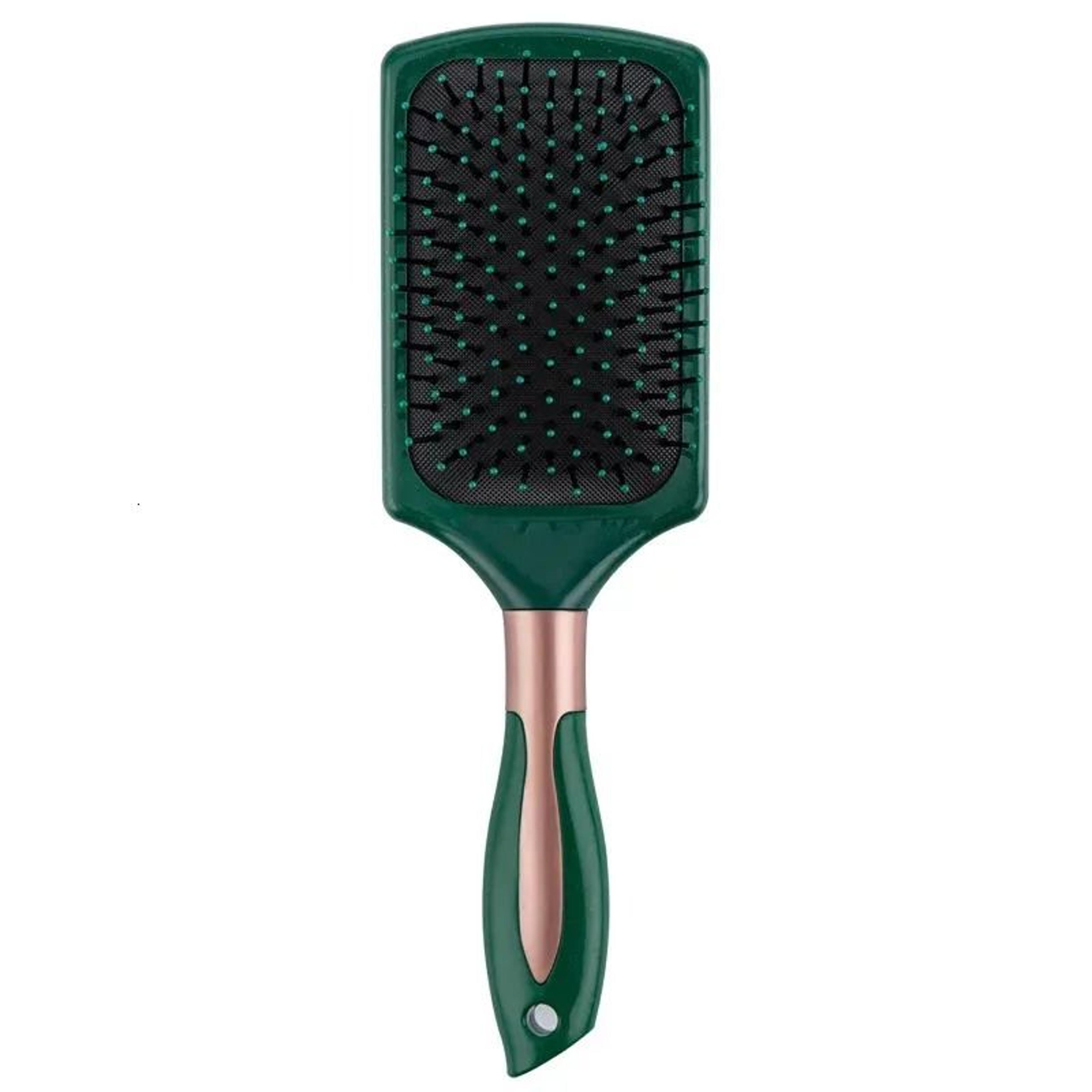 paddle hairbrush with metal handle and plastic teeth