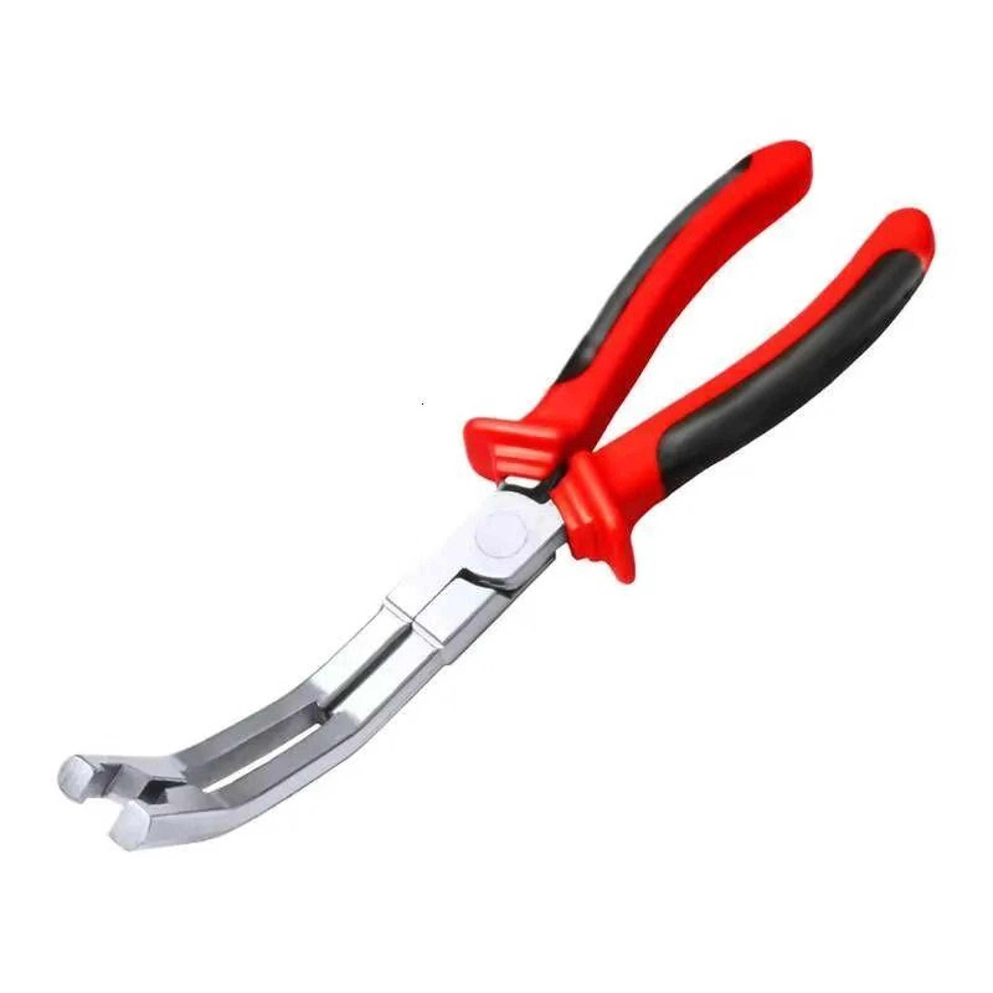 angled automotive hose disconnect pliers for clamps and electrical assemblies