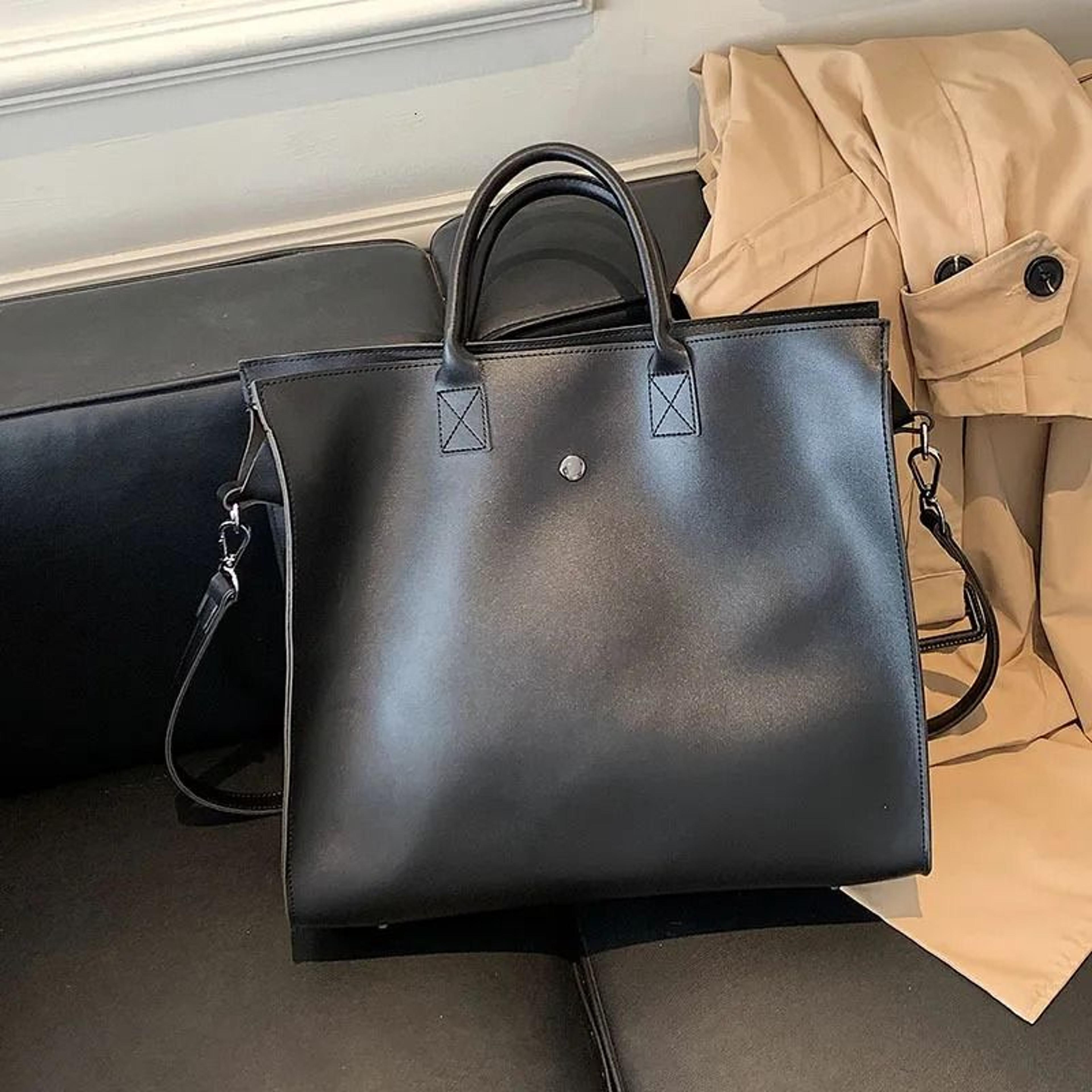 solid brown large tote bag with magnetic snap and detachable crossbody strap