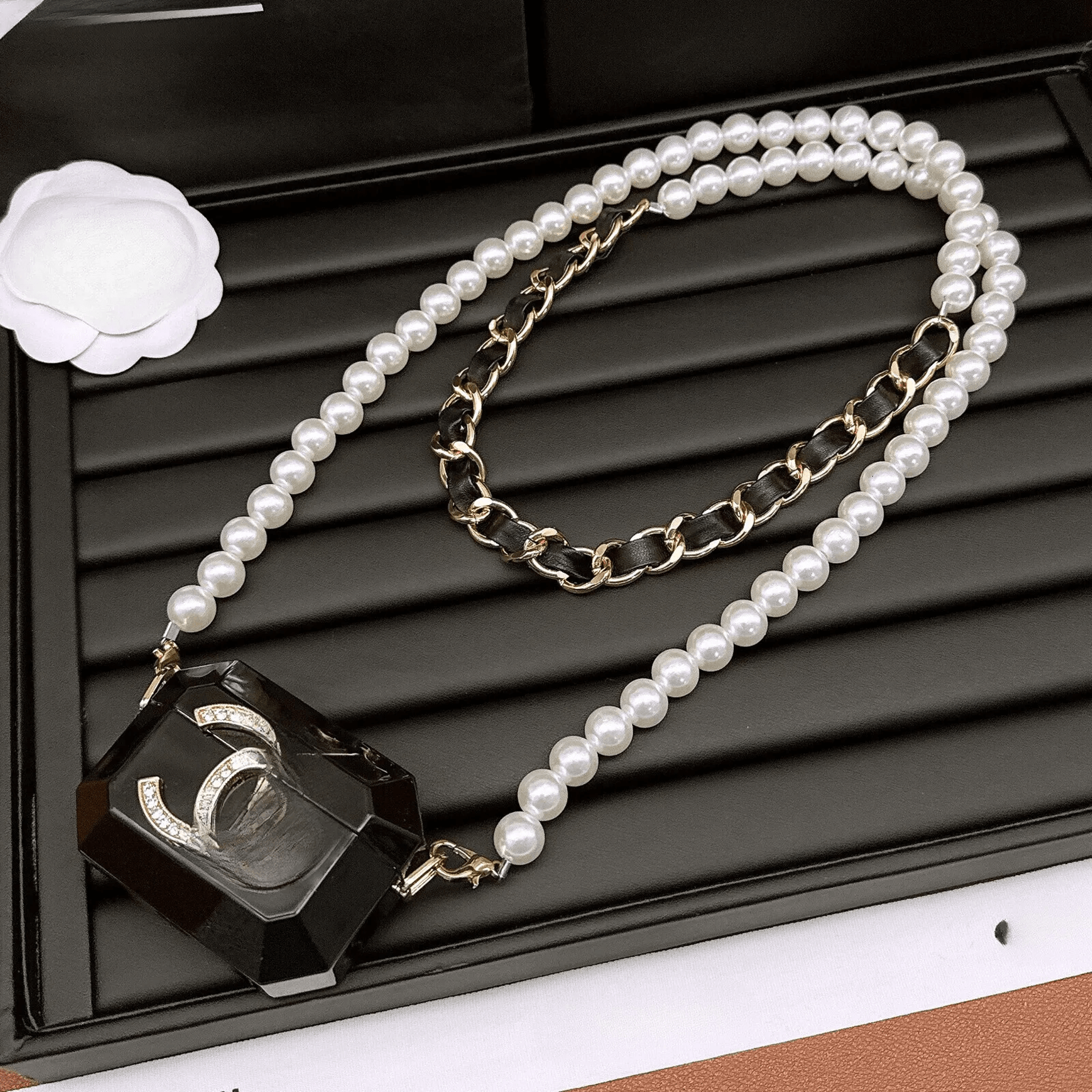 pearl braided waist chain bag with acrylic earphone case
