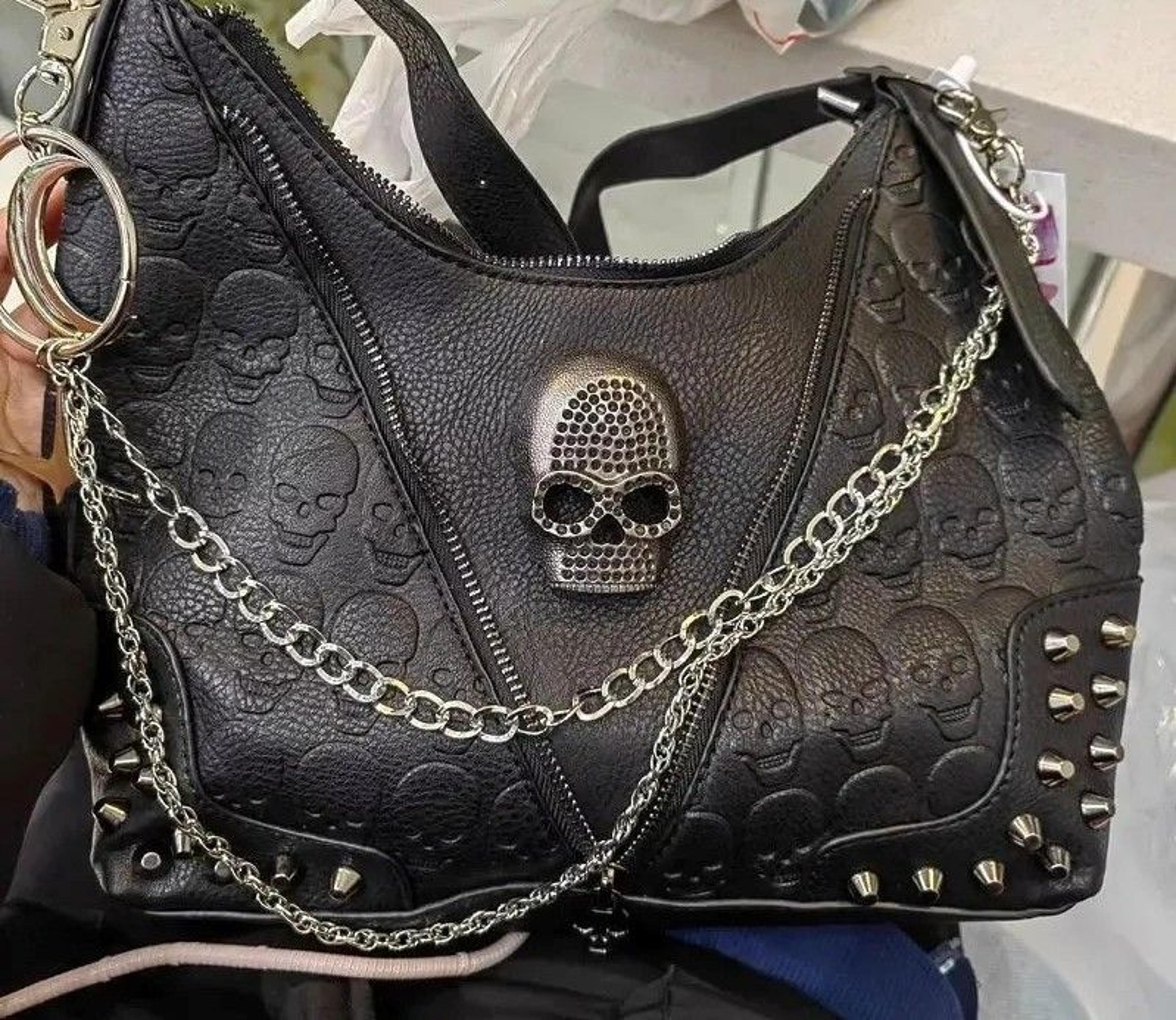 gothic punk womens tote bag with rivet chain and skull detail