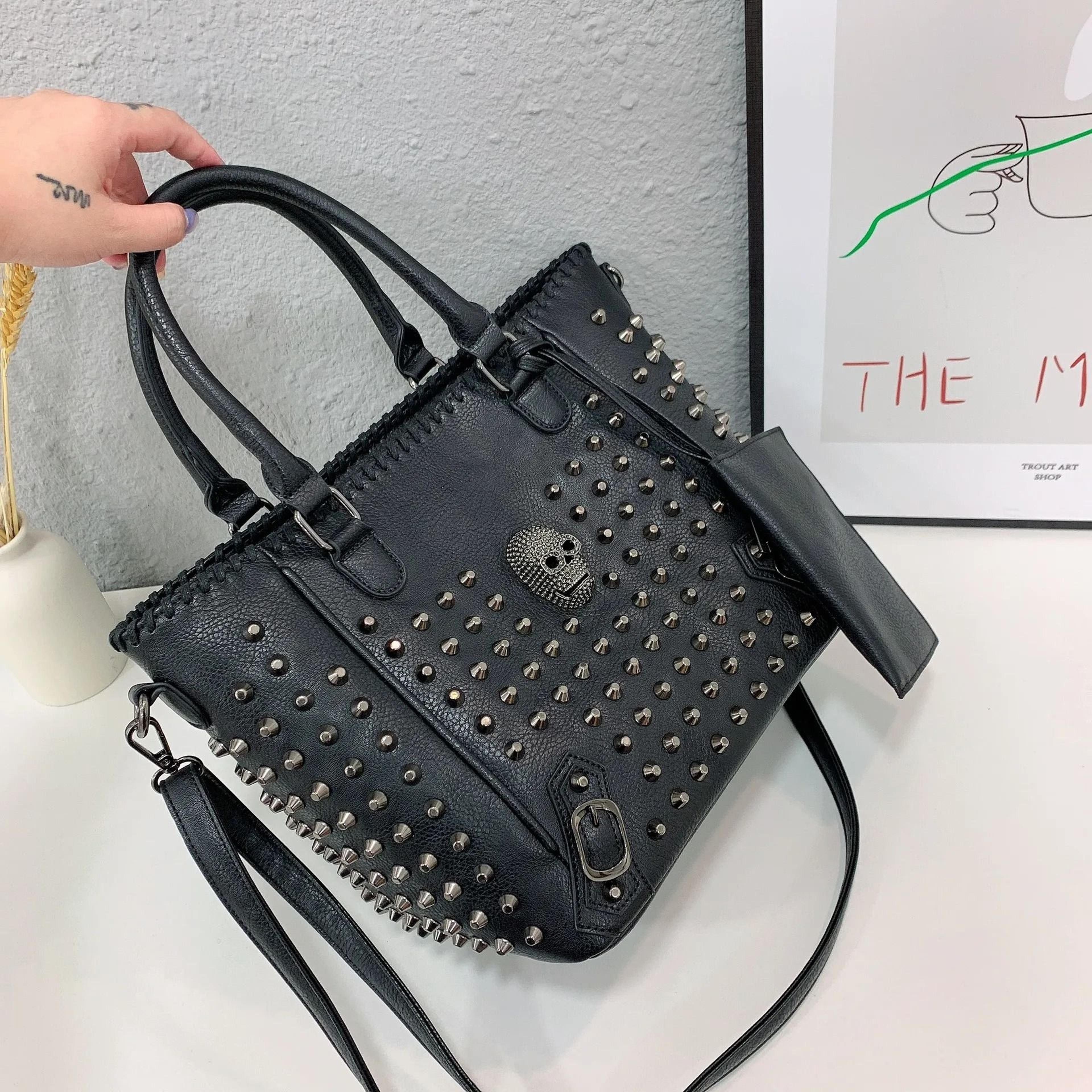 studded punk tote shoulder bag with skull decor and detachable coin purse