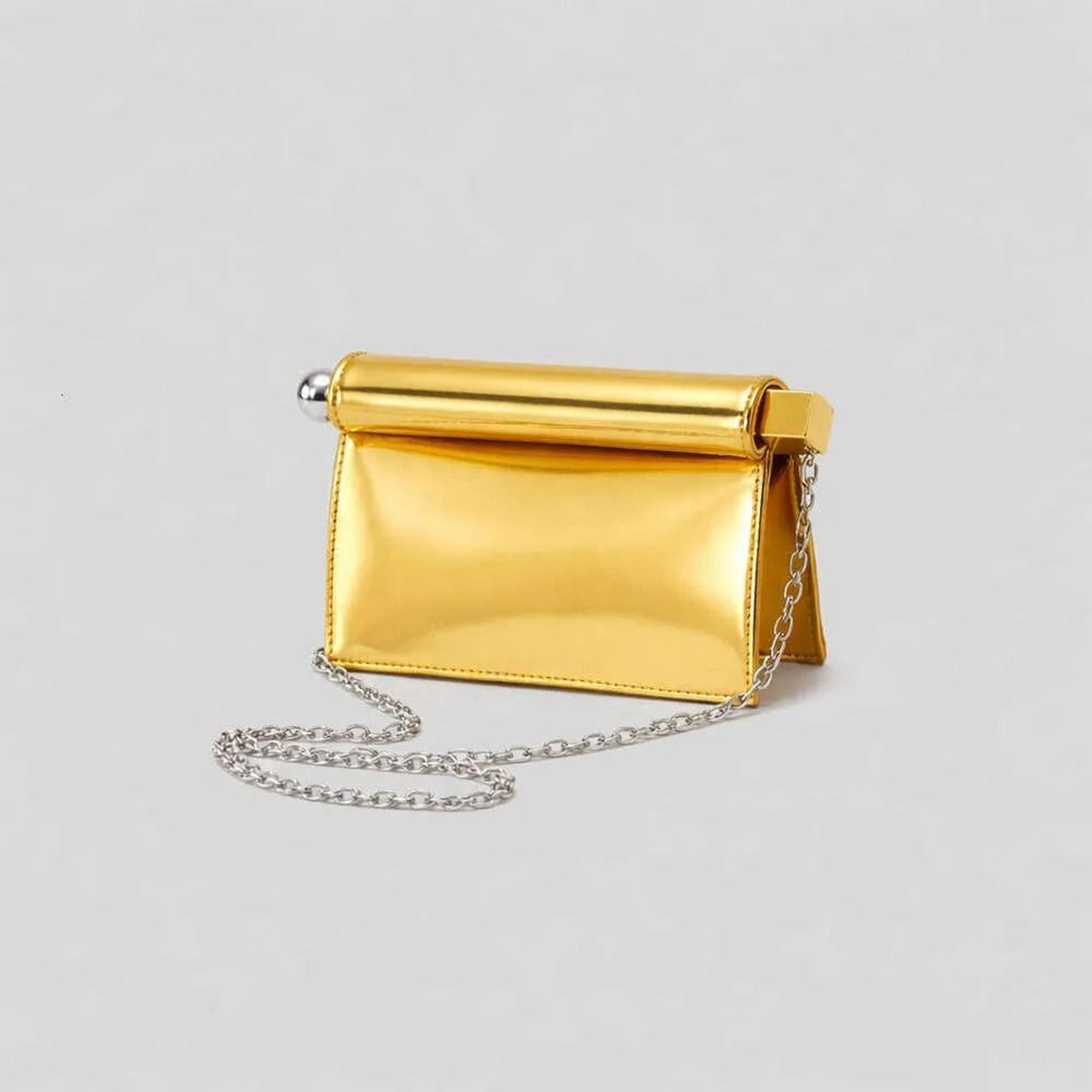 metallic foldable clutch bag with rolled edge and crossbody design