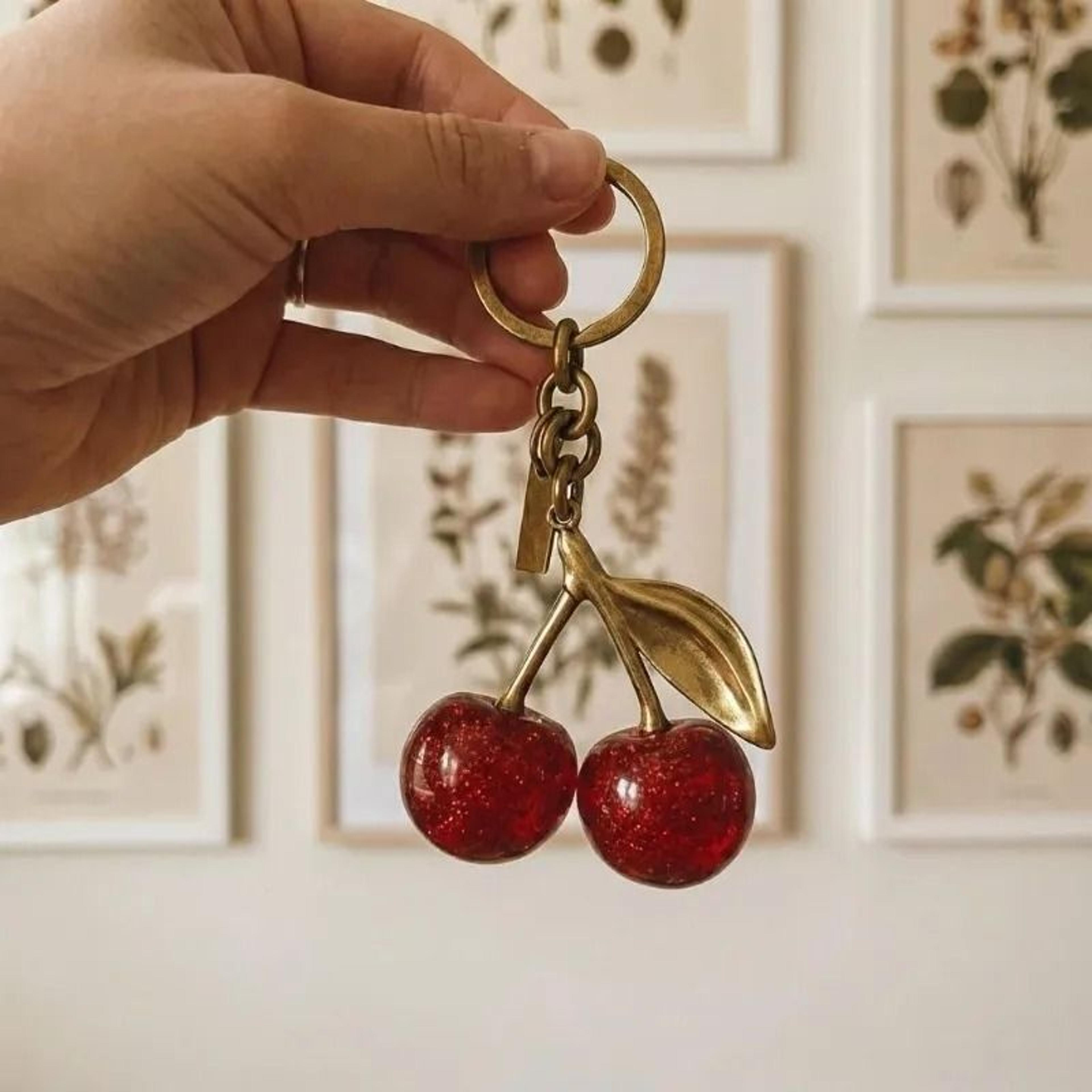 red cherry crystal resin keychain with carabiner bag charm