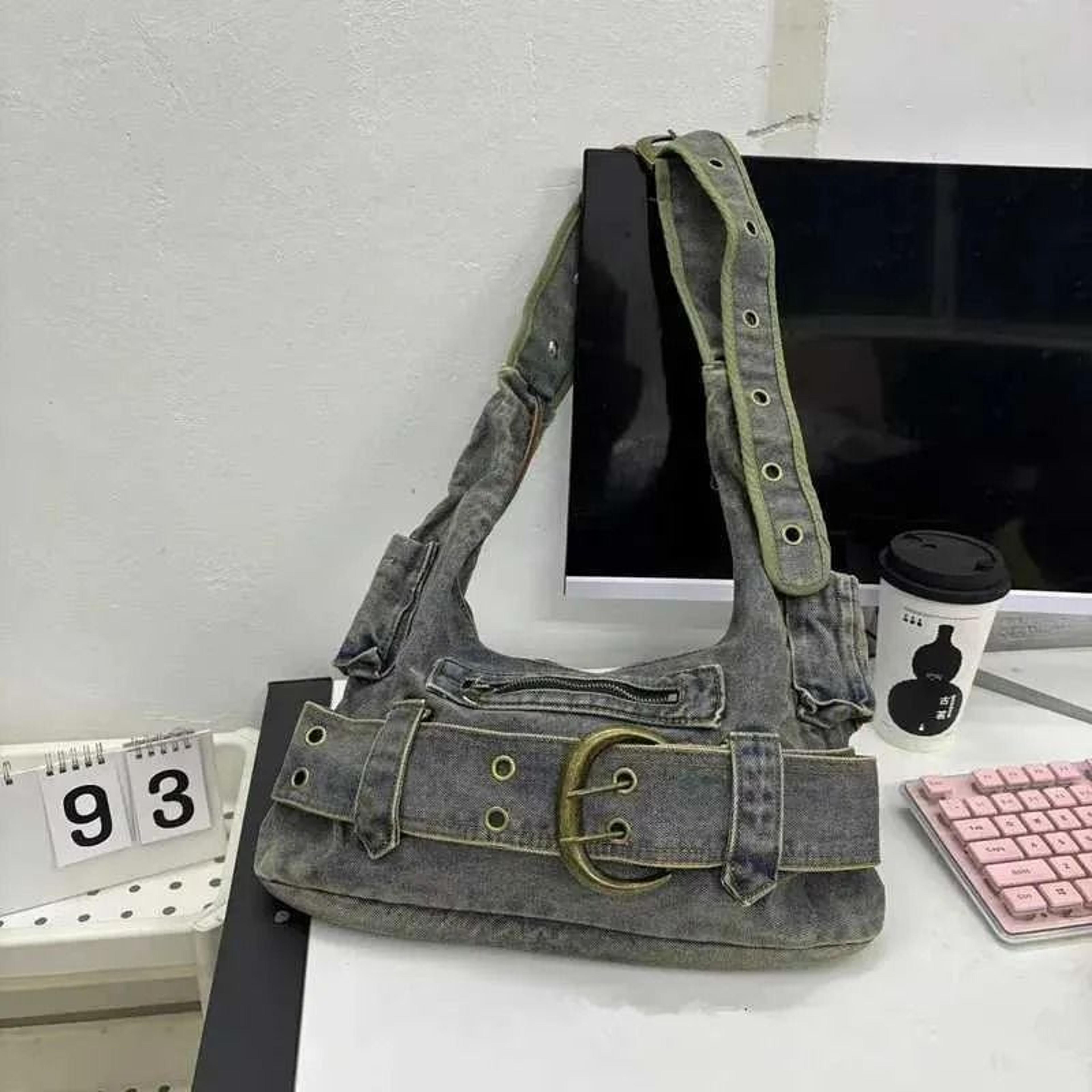 vintage denim shoulder bag with buckle large capacity hobo design