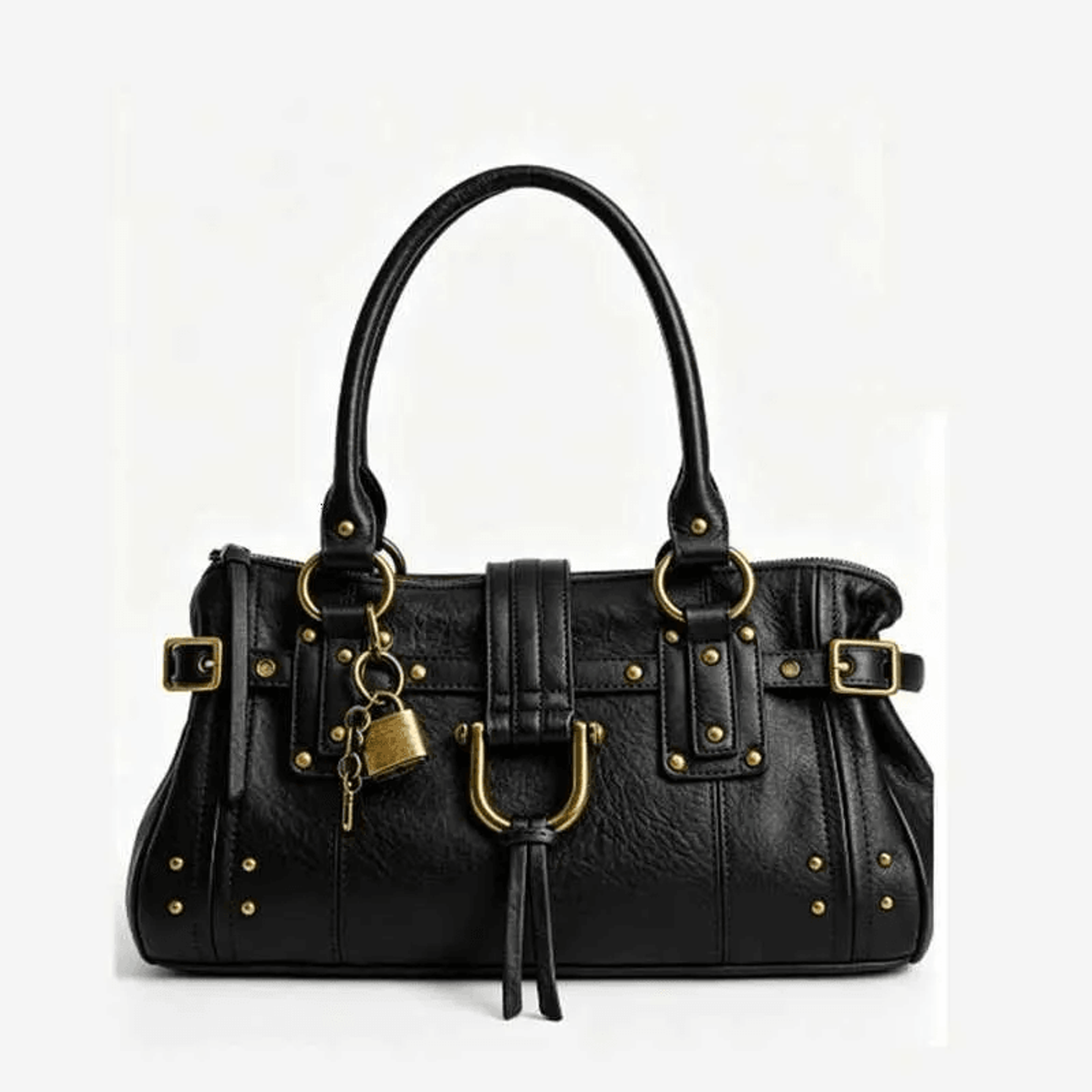 western style distressed pu leather handbag tote with rivet lock charm