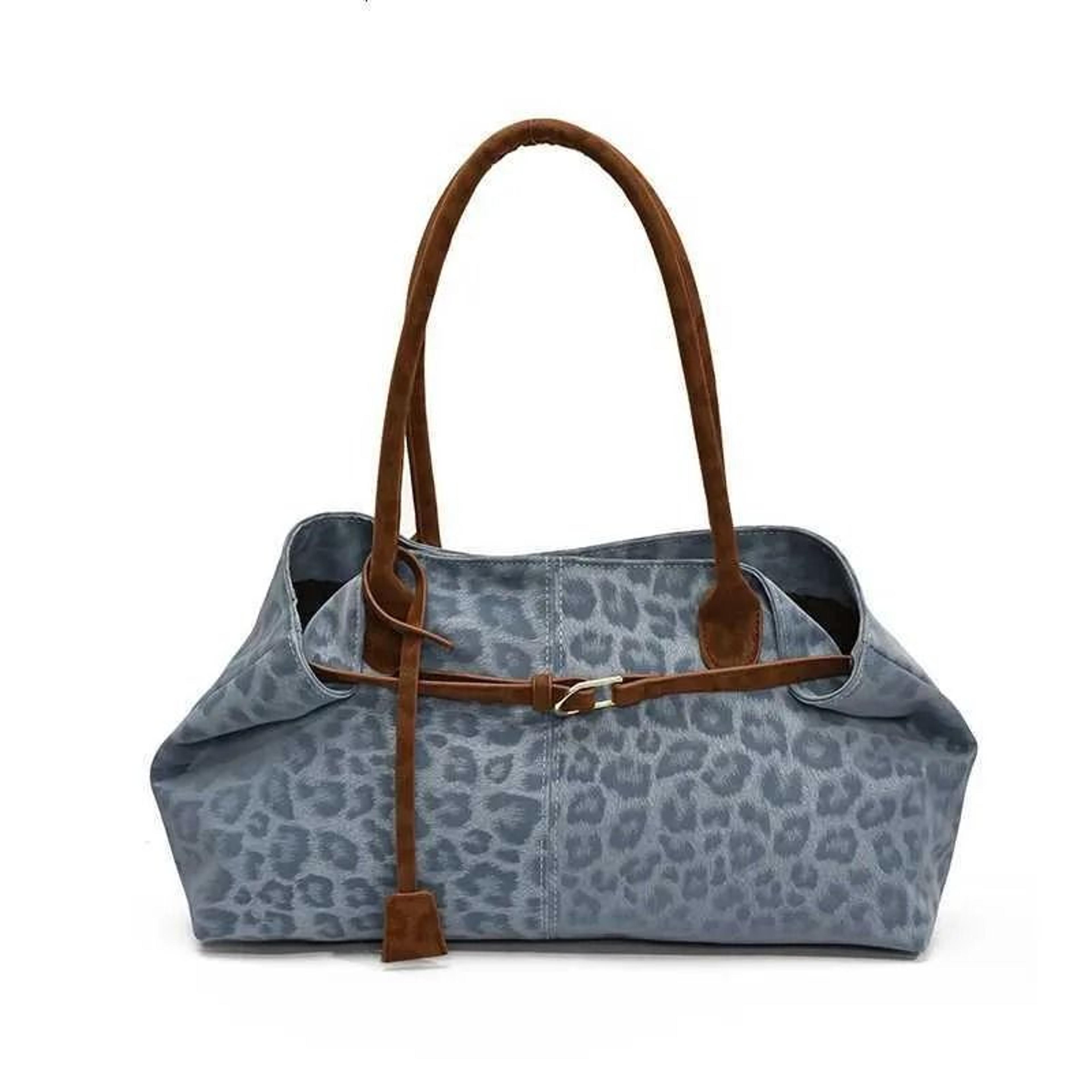 leopard print pu leather shoulder tote bag with short handles